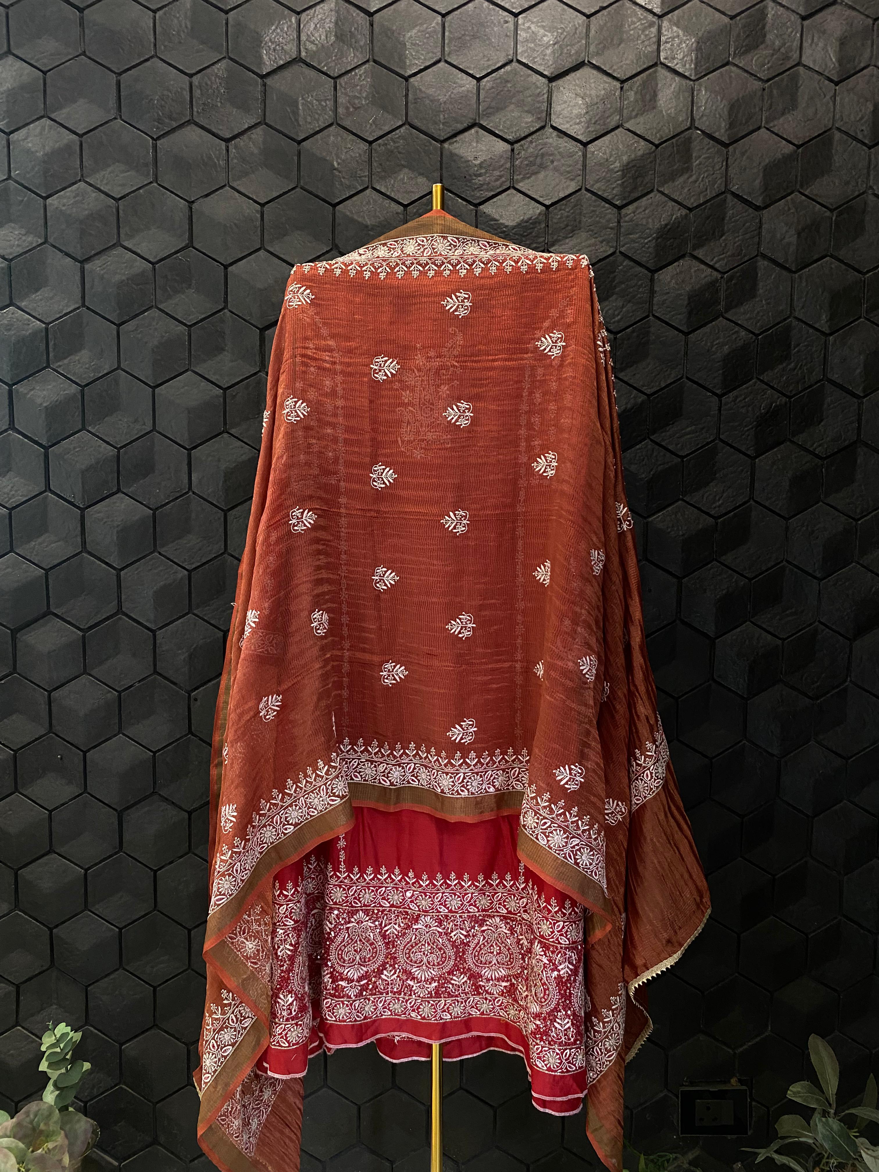 Red Chanderi Chikankari and Zardozi Anarkali set