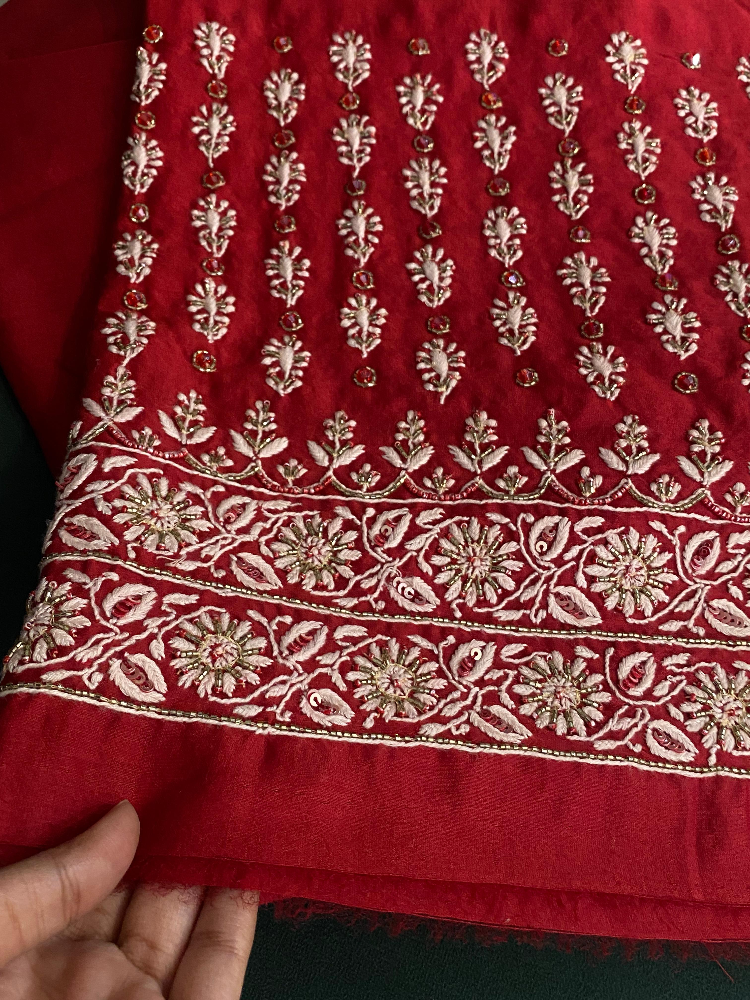 Red Chanderi Chikankari and Zardozi Anarkali set