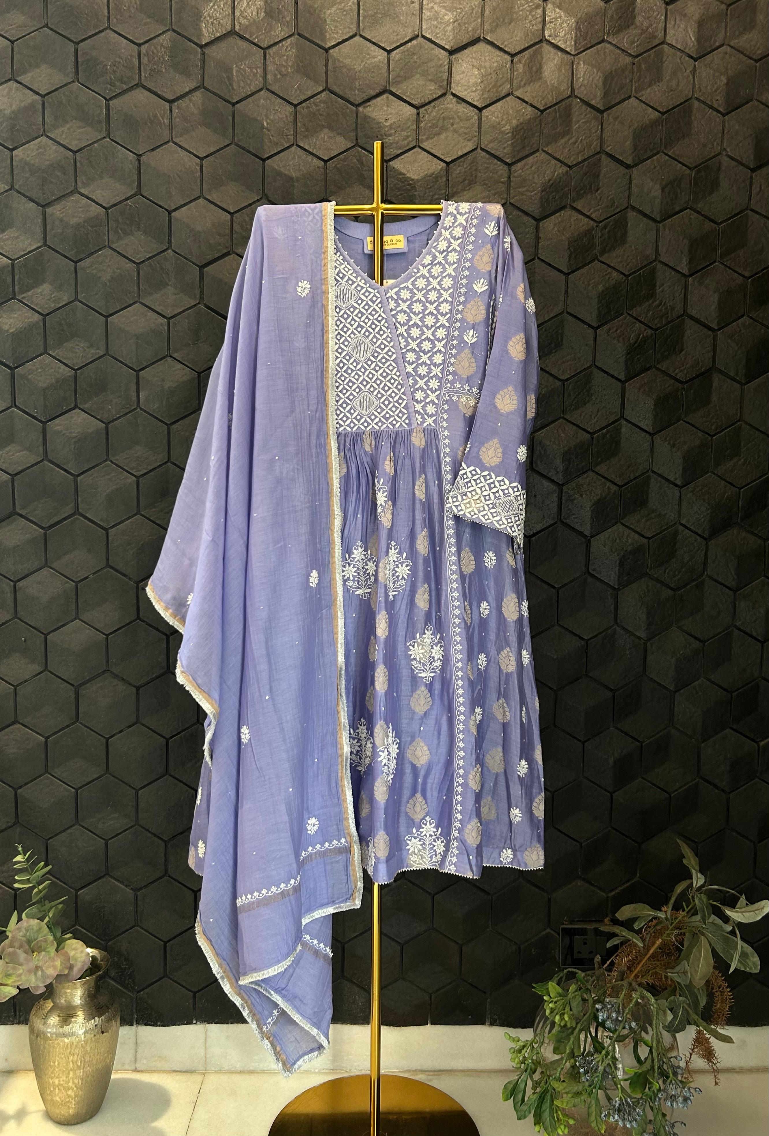 Purple Chanderi Chikankari Kurta Set