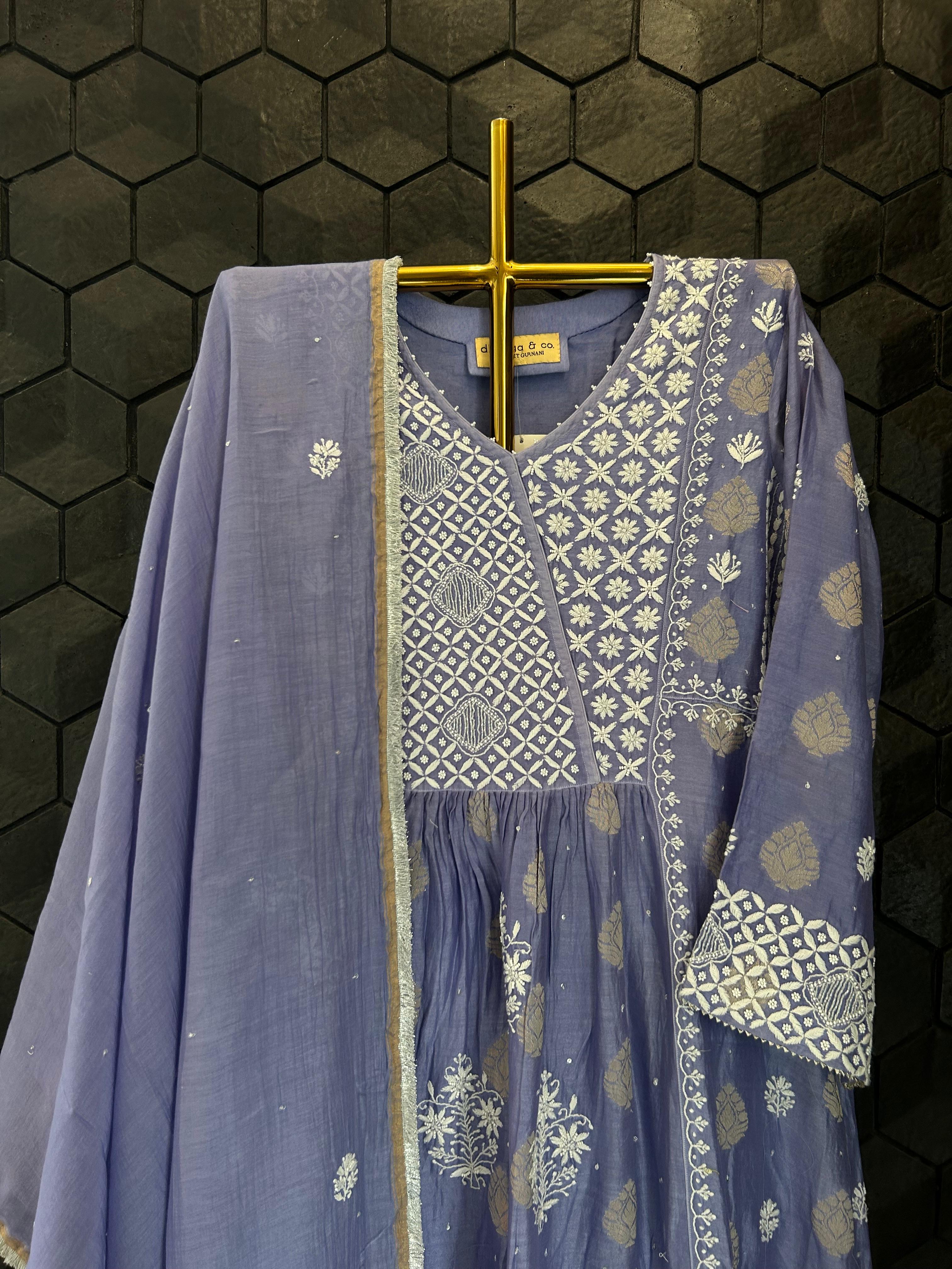 Purple Chanderi Chikankari Kurta Set