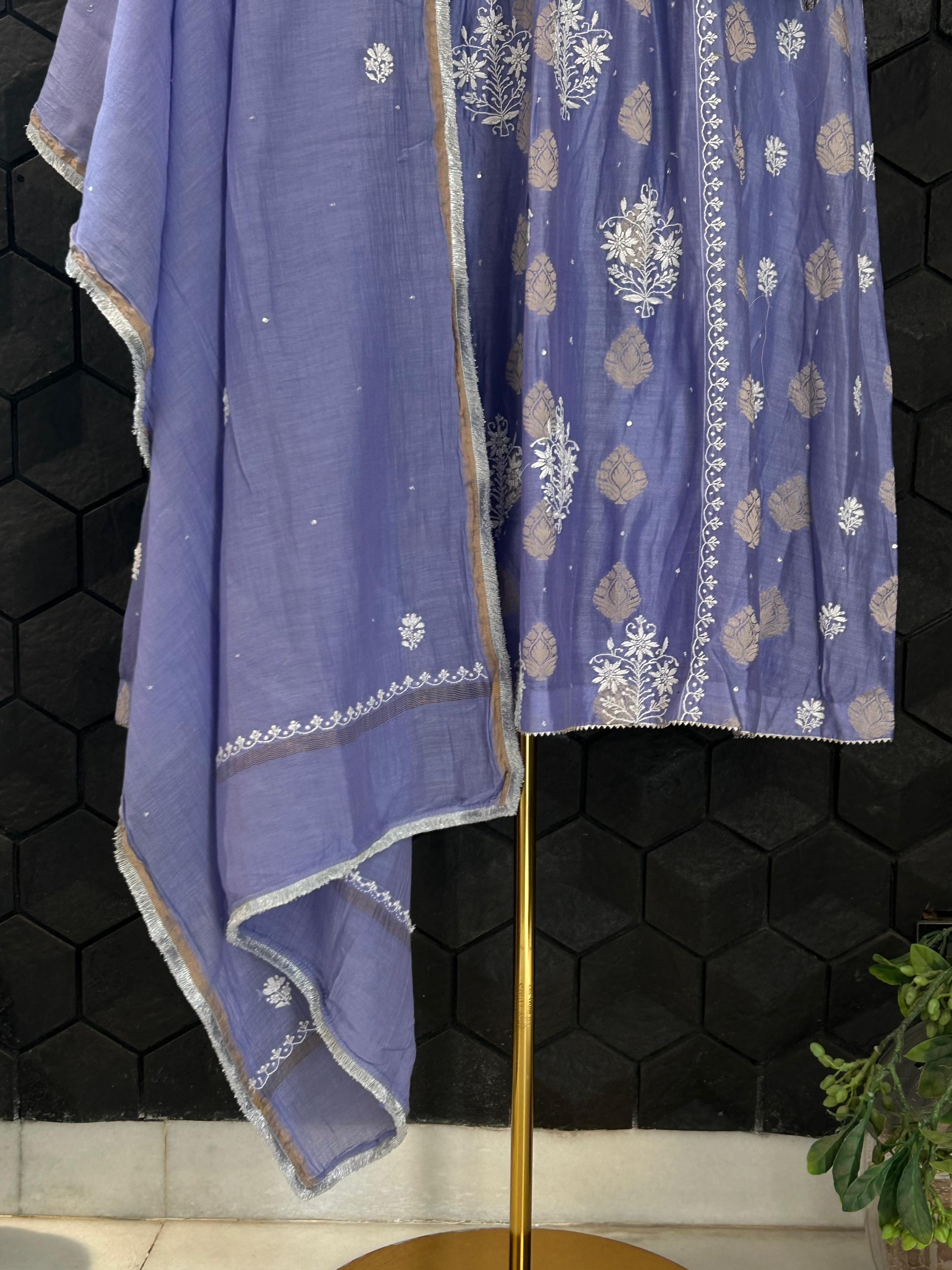Purple Chanderi Chikankari Kurta Set