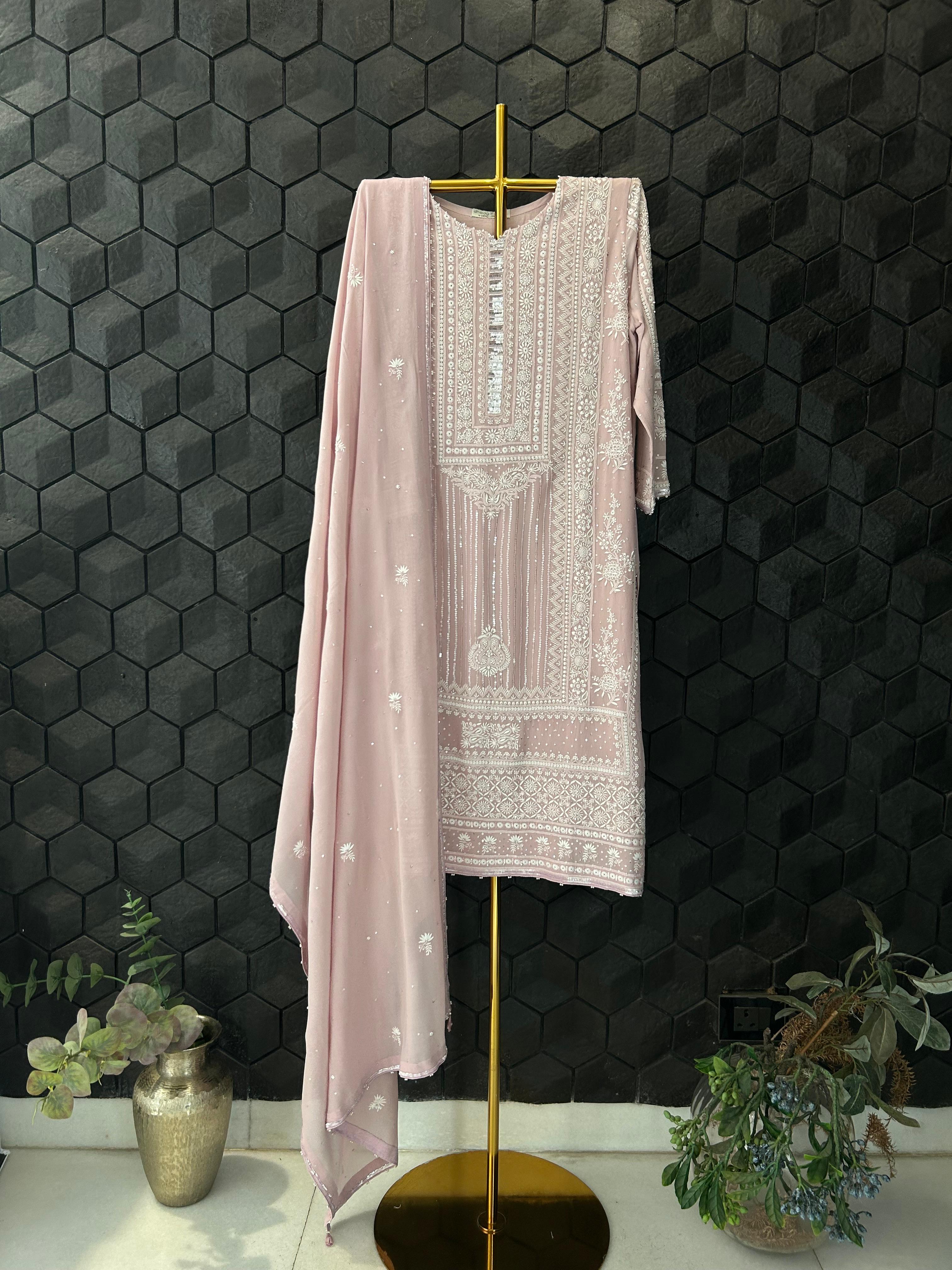 Onion pink georgette chikankari kurta set
