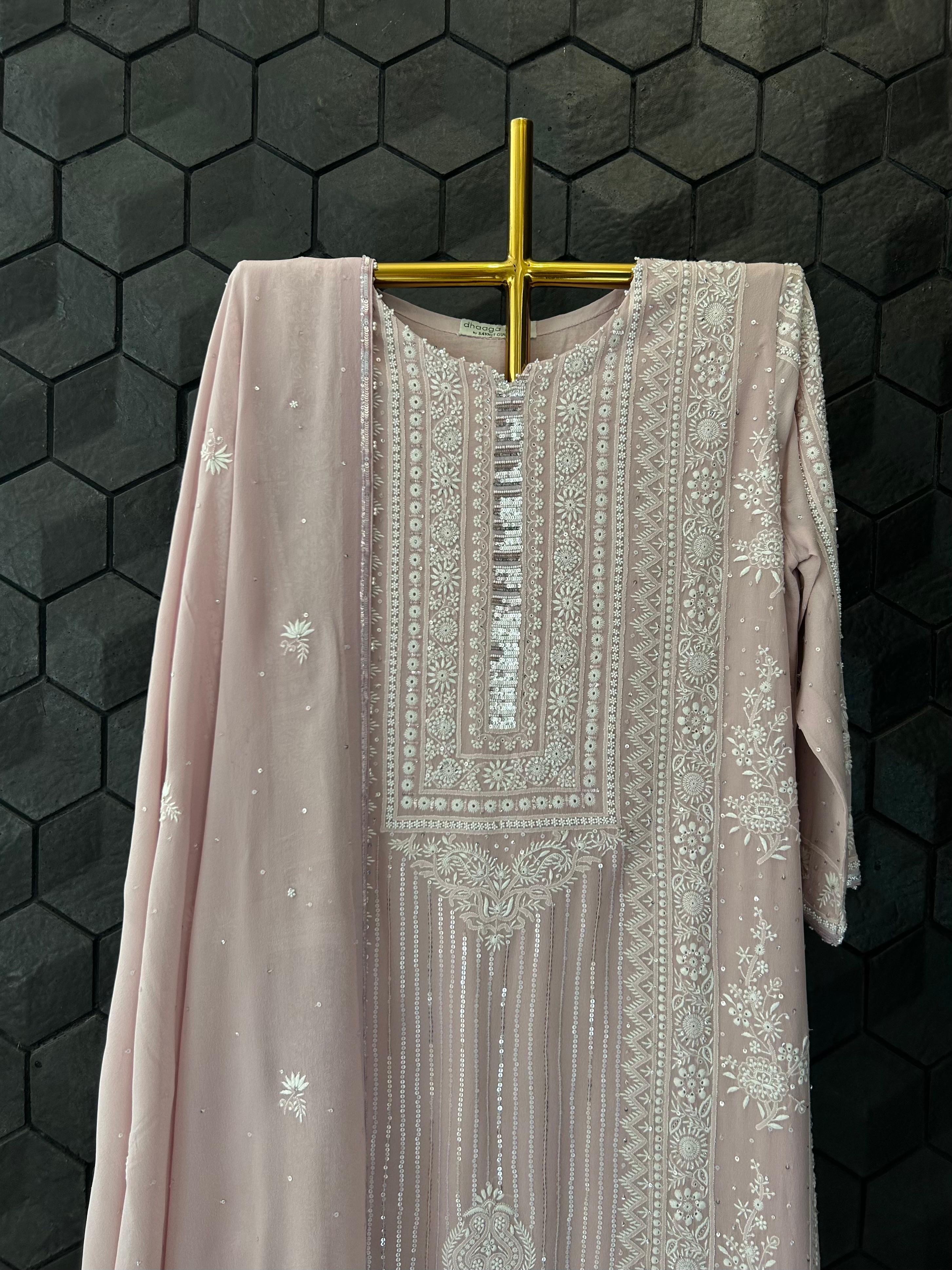 Onion pink georgette chikankari kurta set