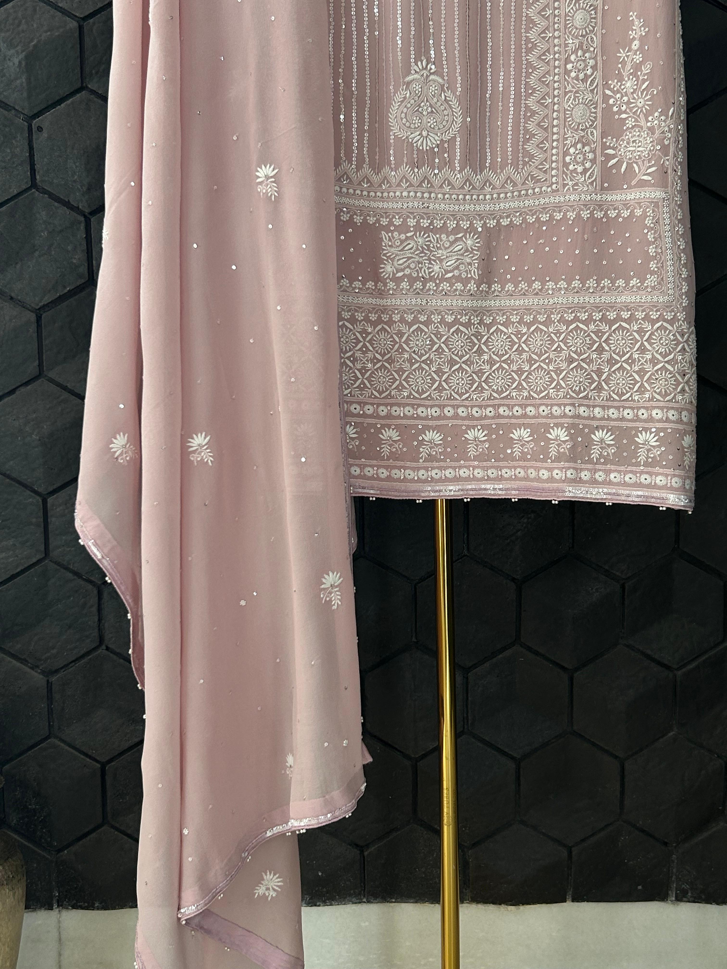 Onion pink georgette chikankari kurta set