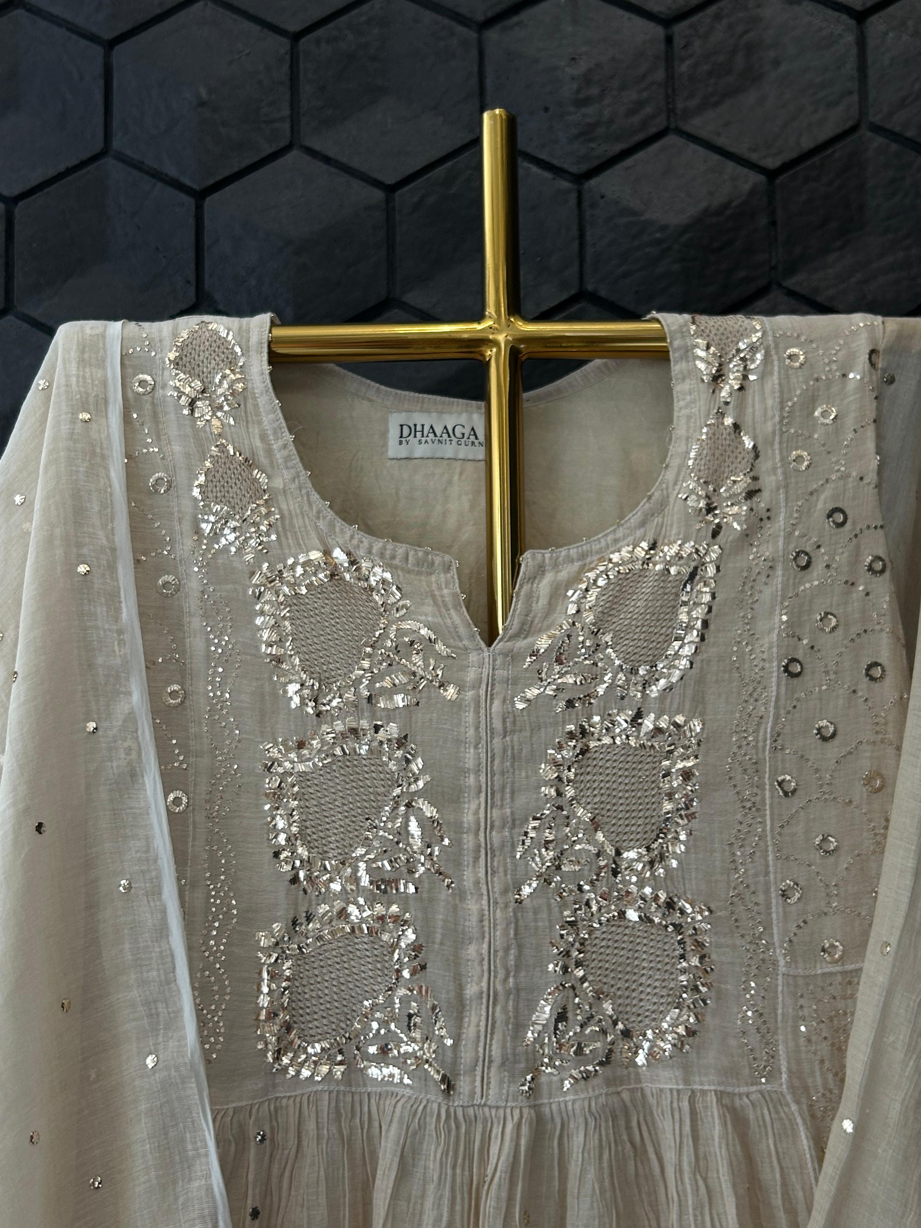 Beige mukaish tissue kurta set