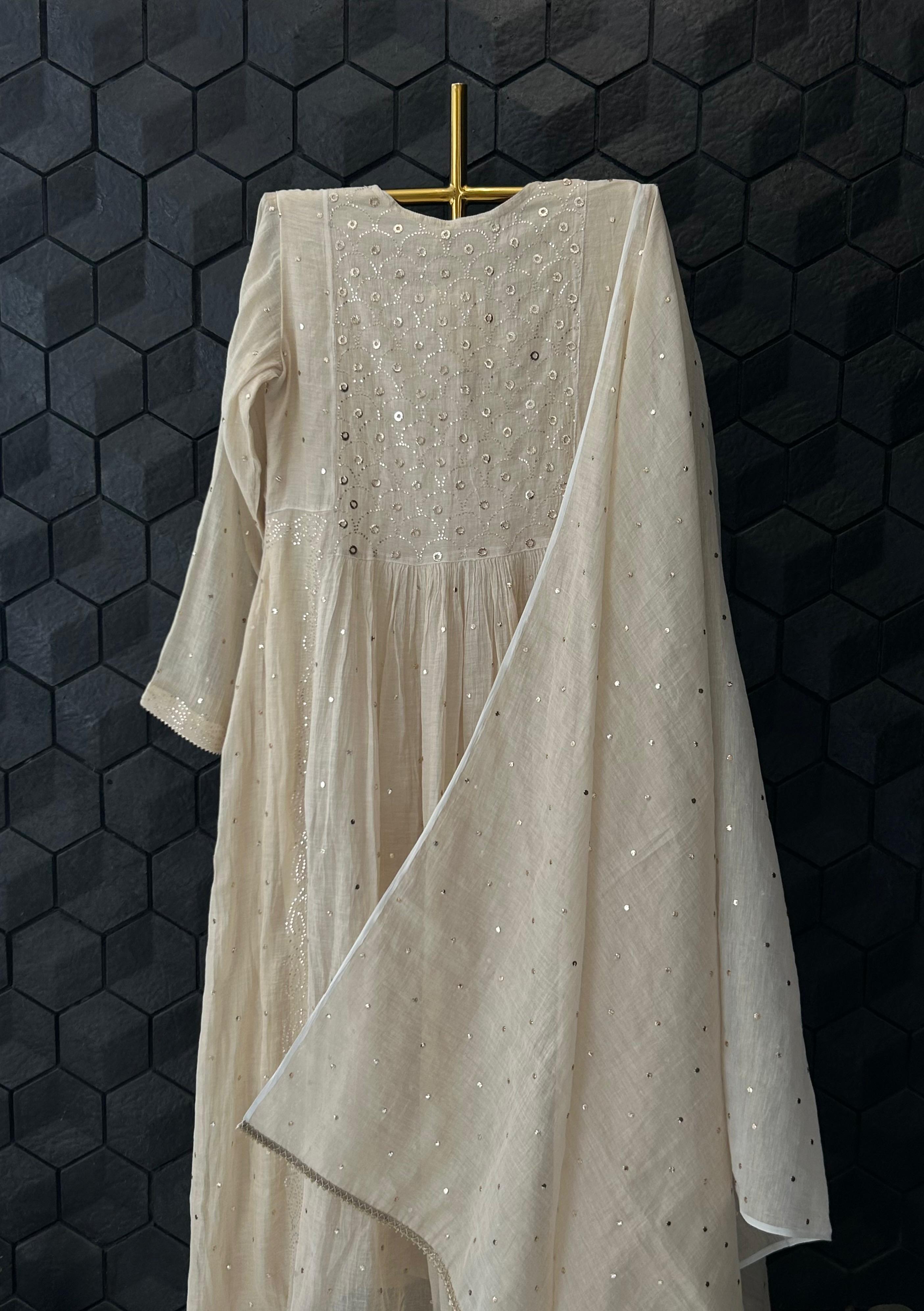 Beige mukaish tissue kurta set