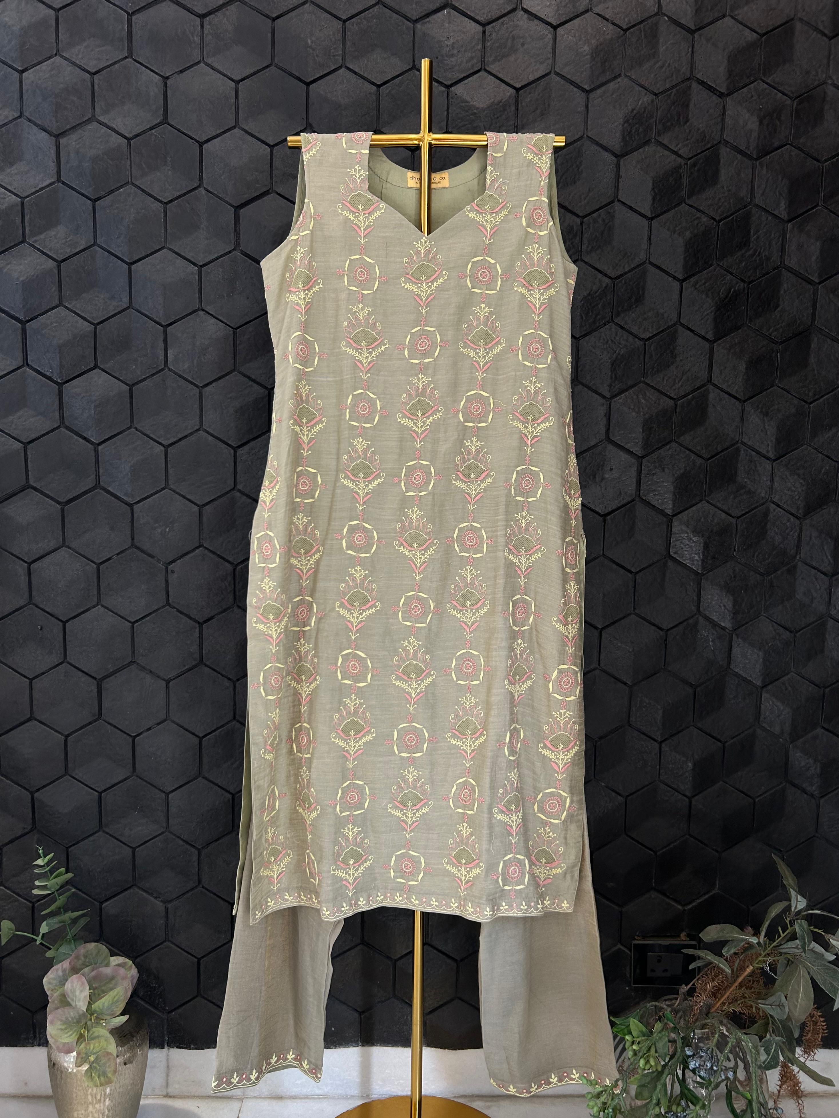 Green Golden tissue Chikankari Kurta Set
