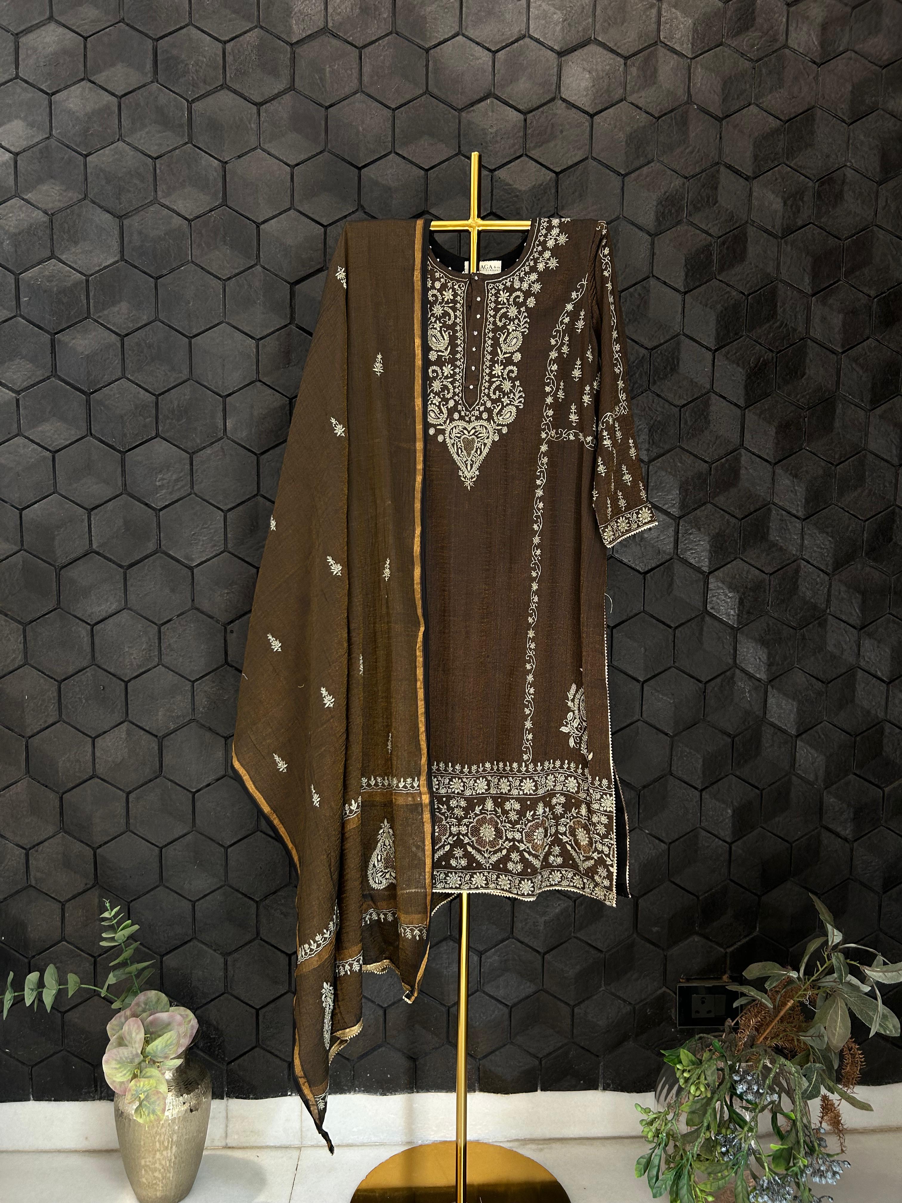 Black tissue chikankari kurta set