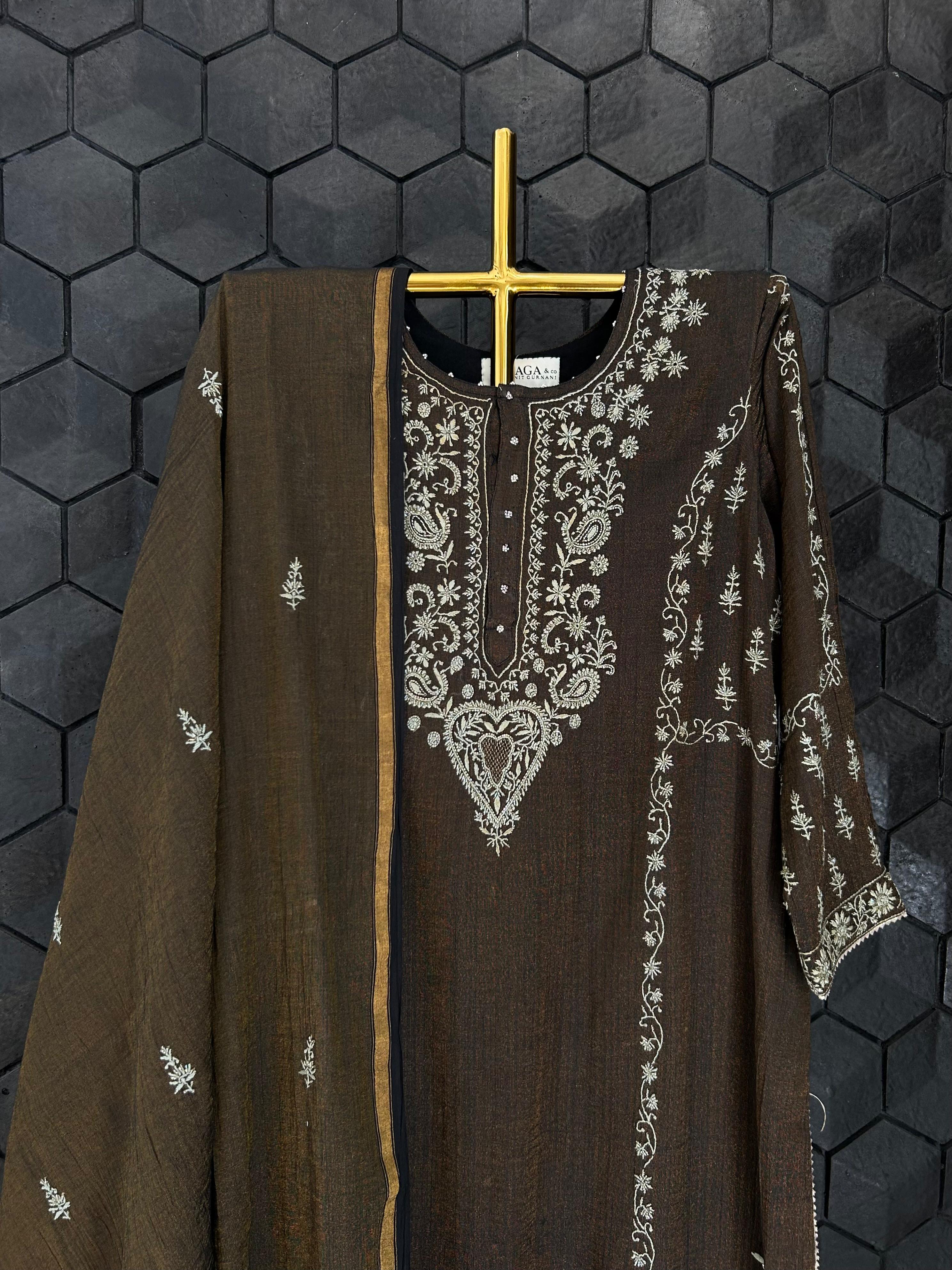 Black tissue chikankari kurta set