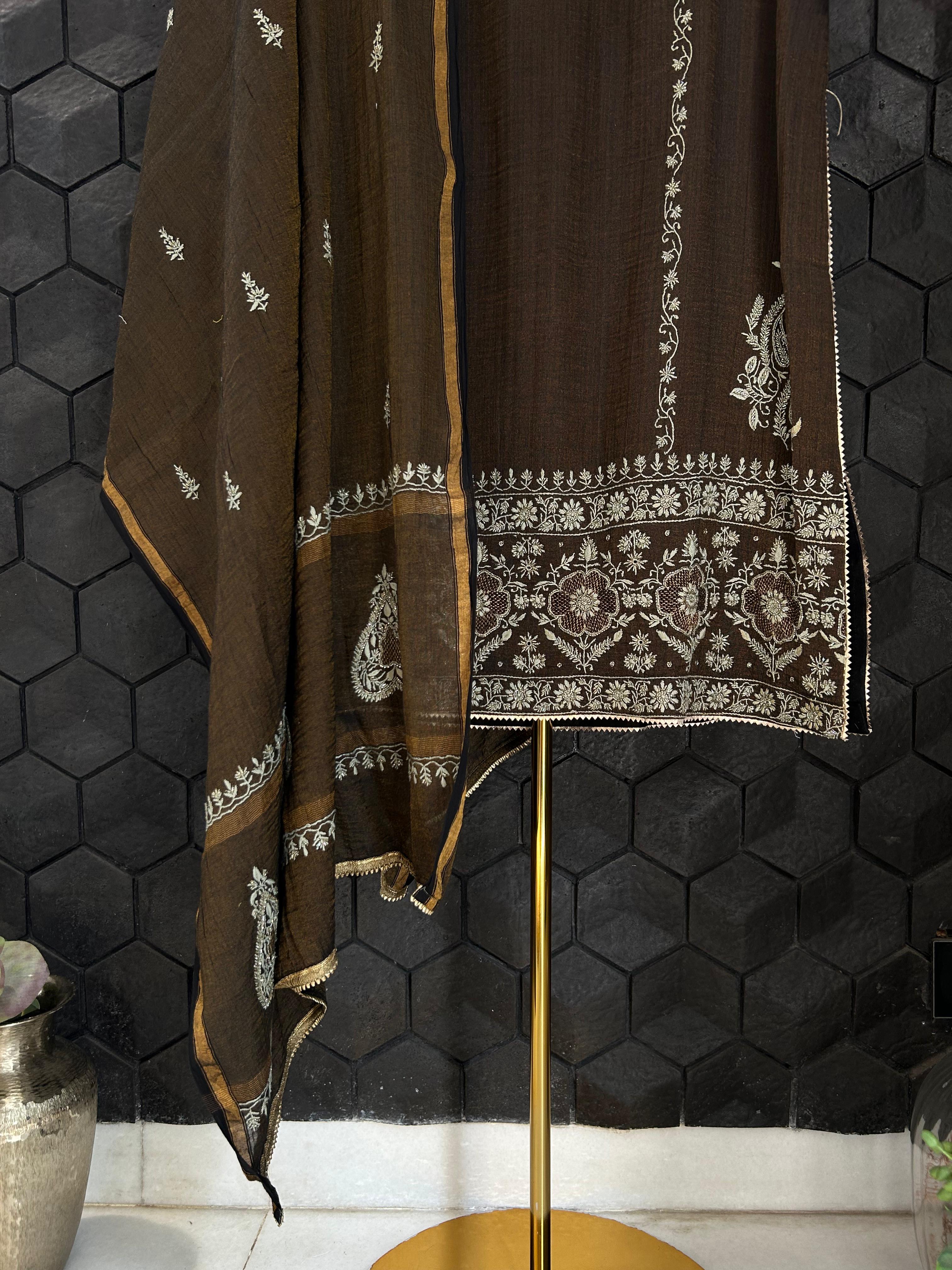 Black tissue chikankari kurta set