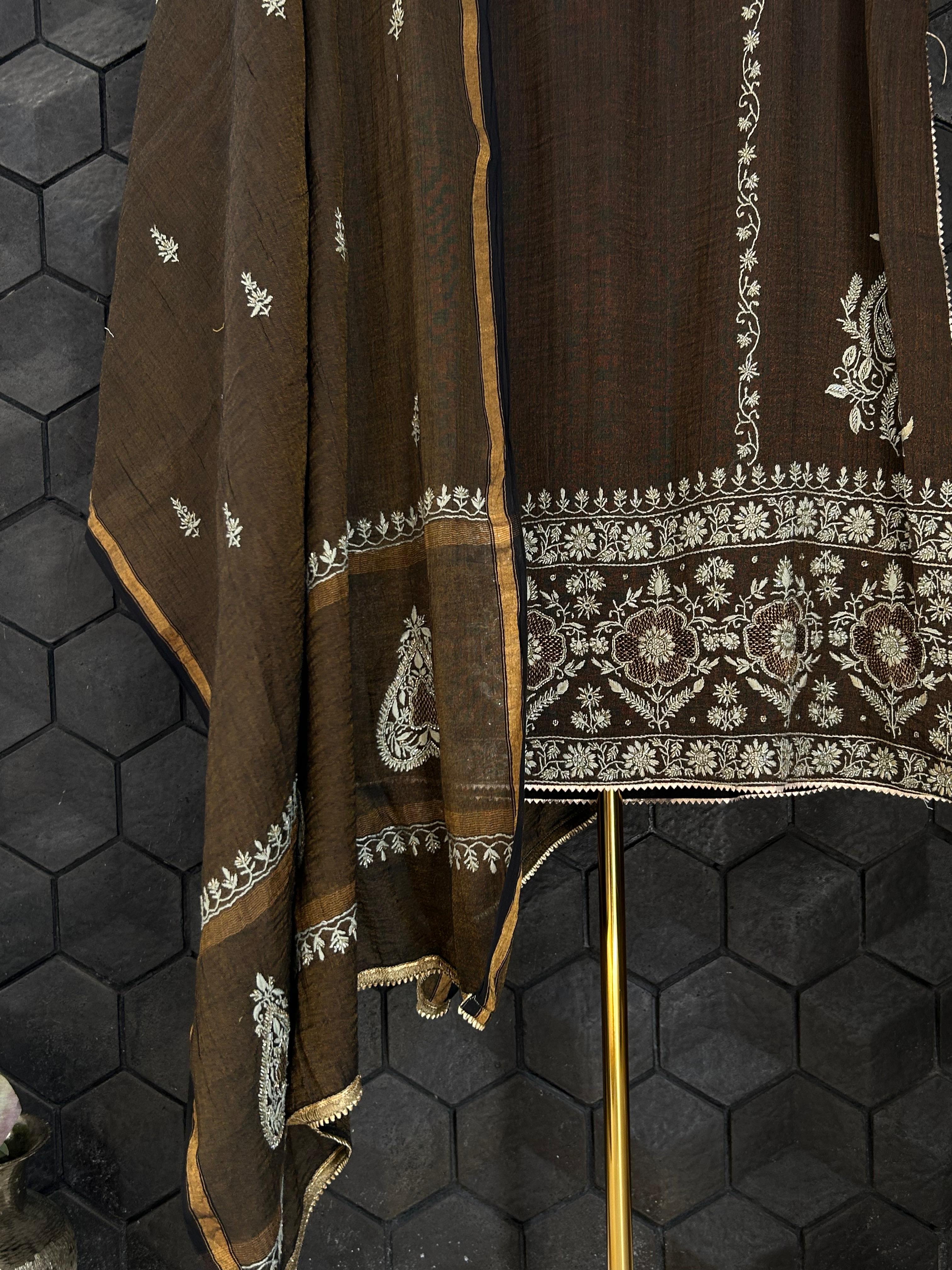 Black tissue chikankari kurta set