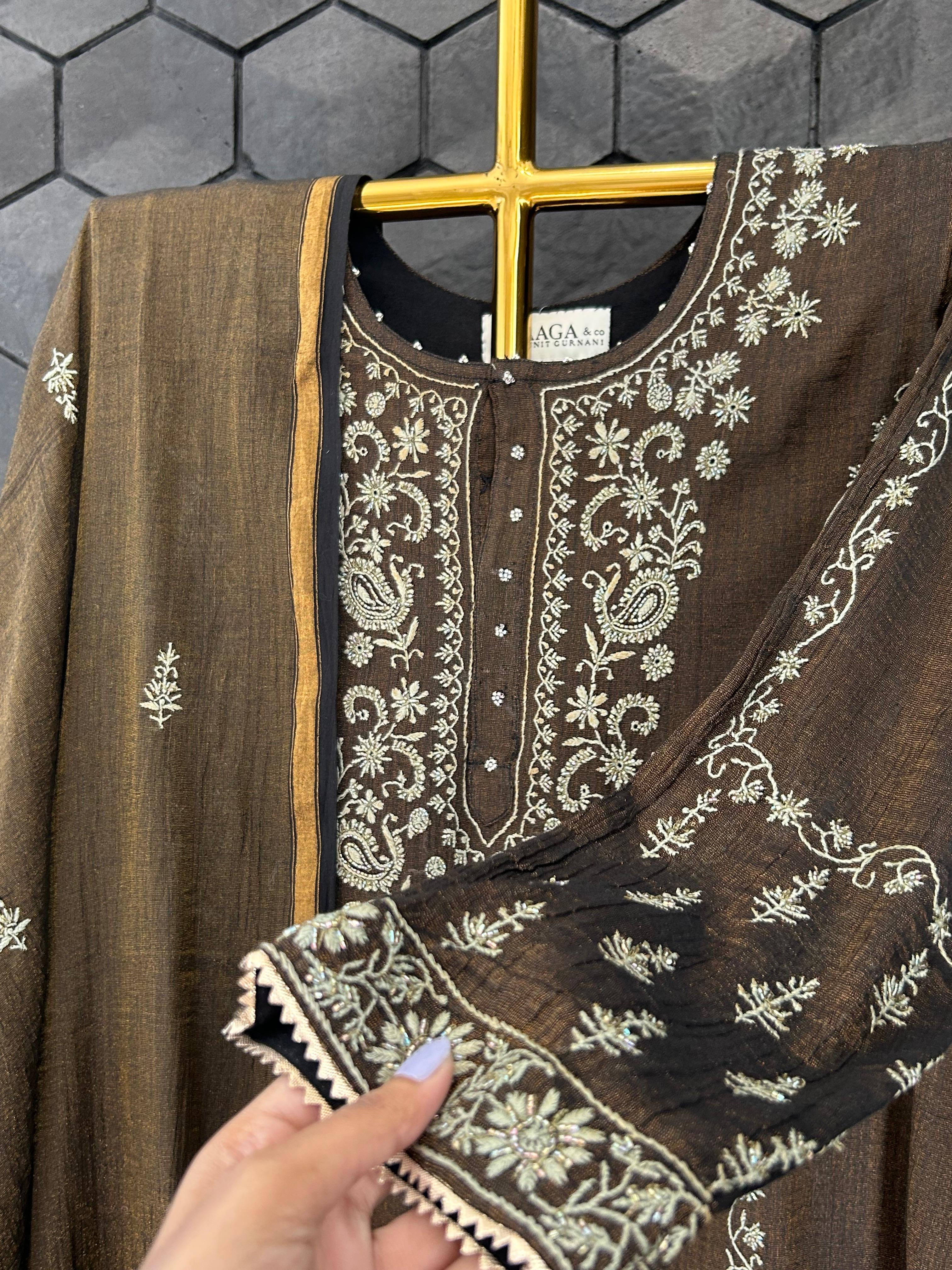 Black tissue chikankari kurta set