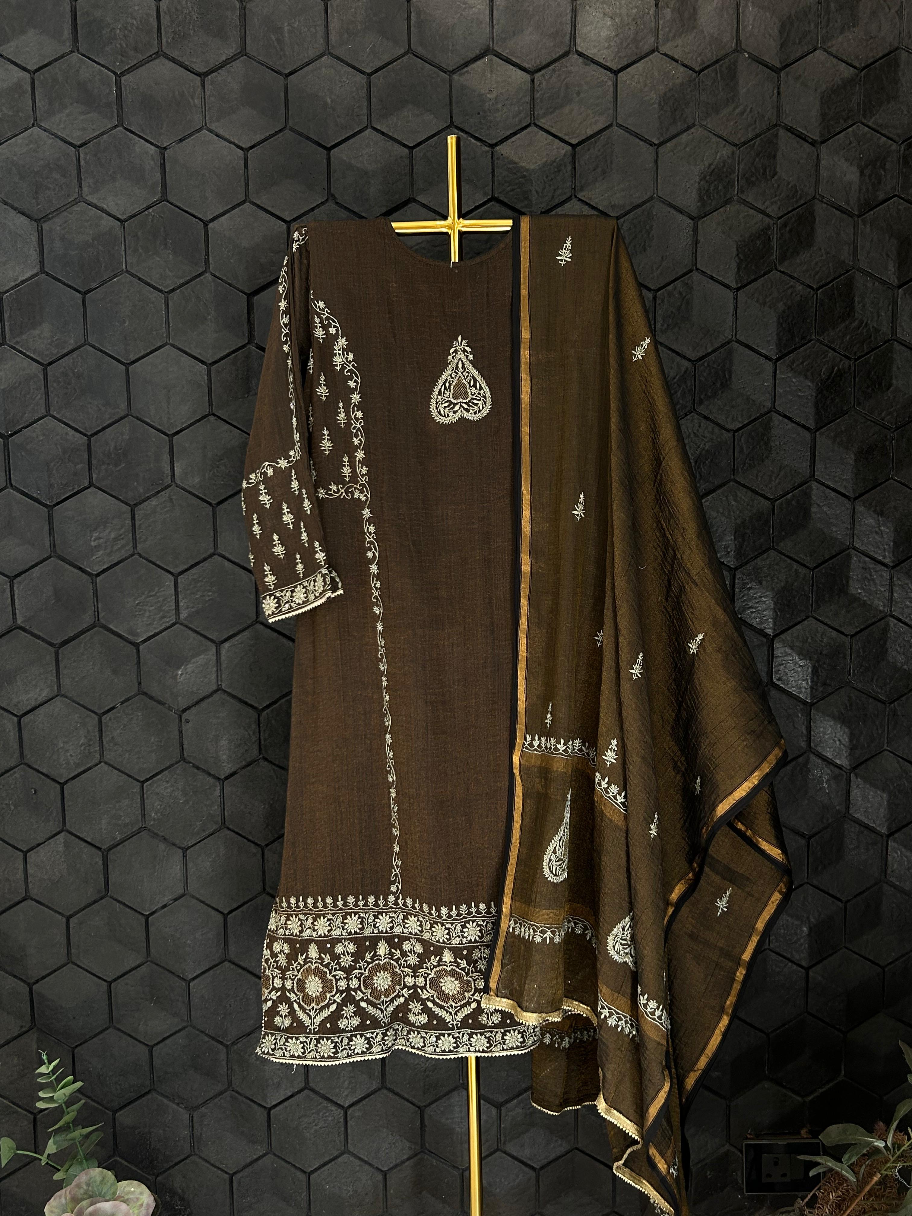 Black tissue chikankari kurta set