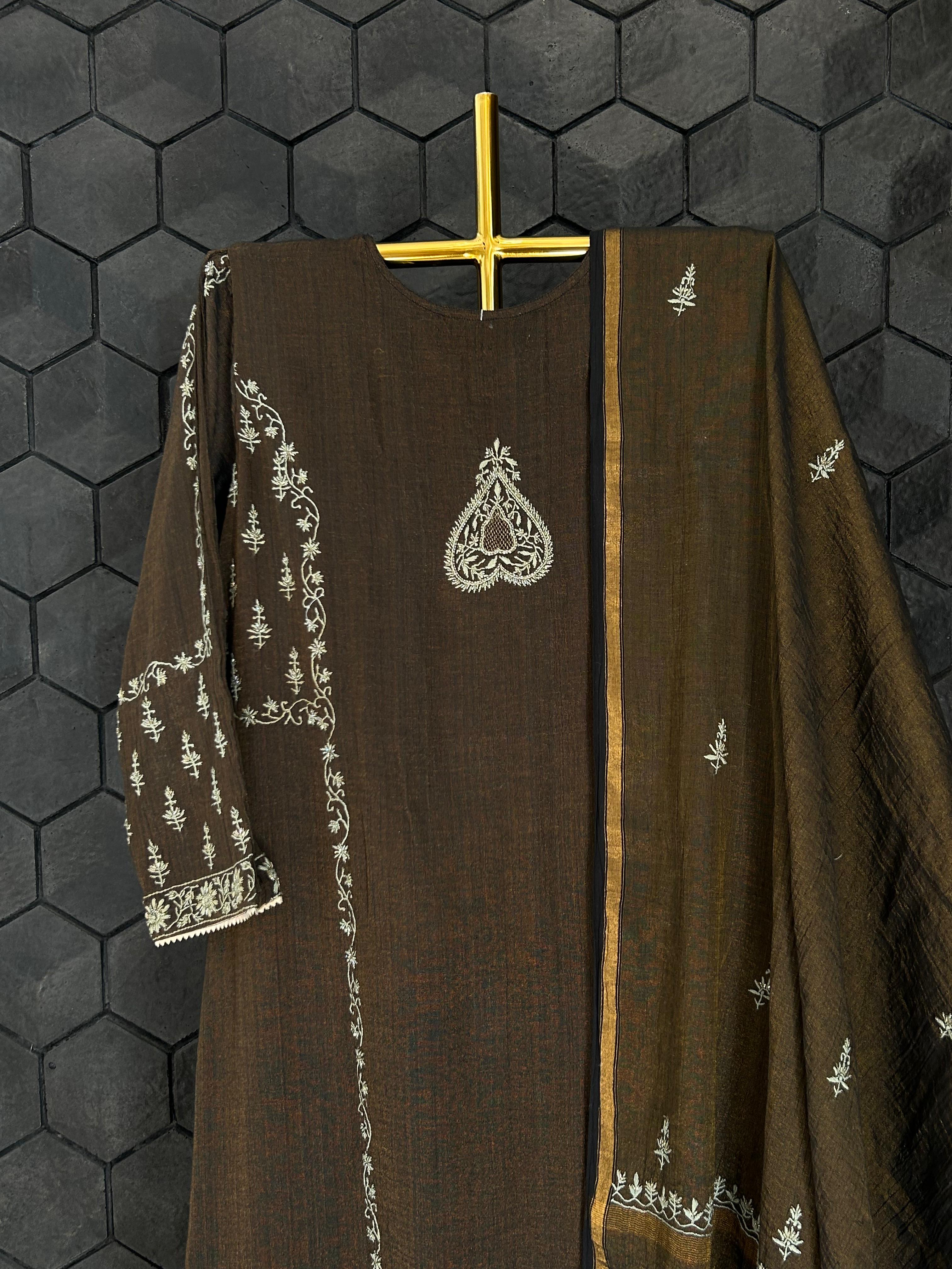 Black tissue chikankari kurta set