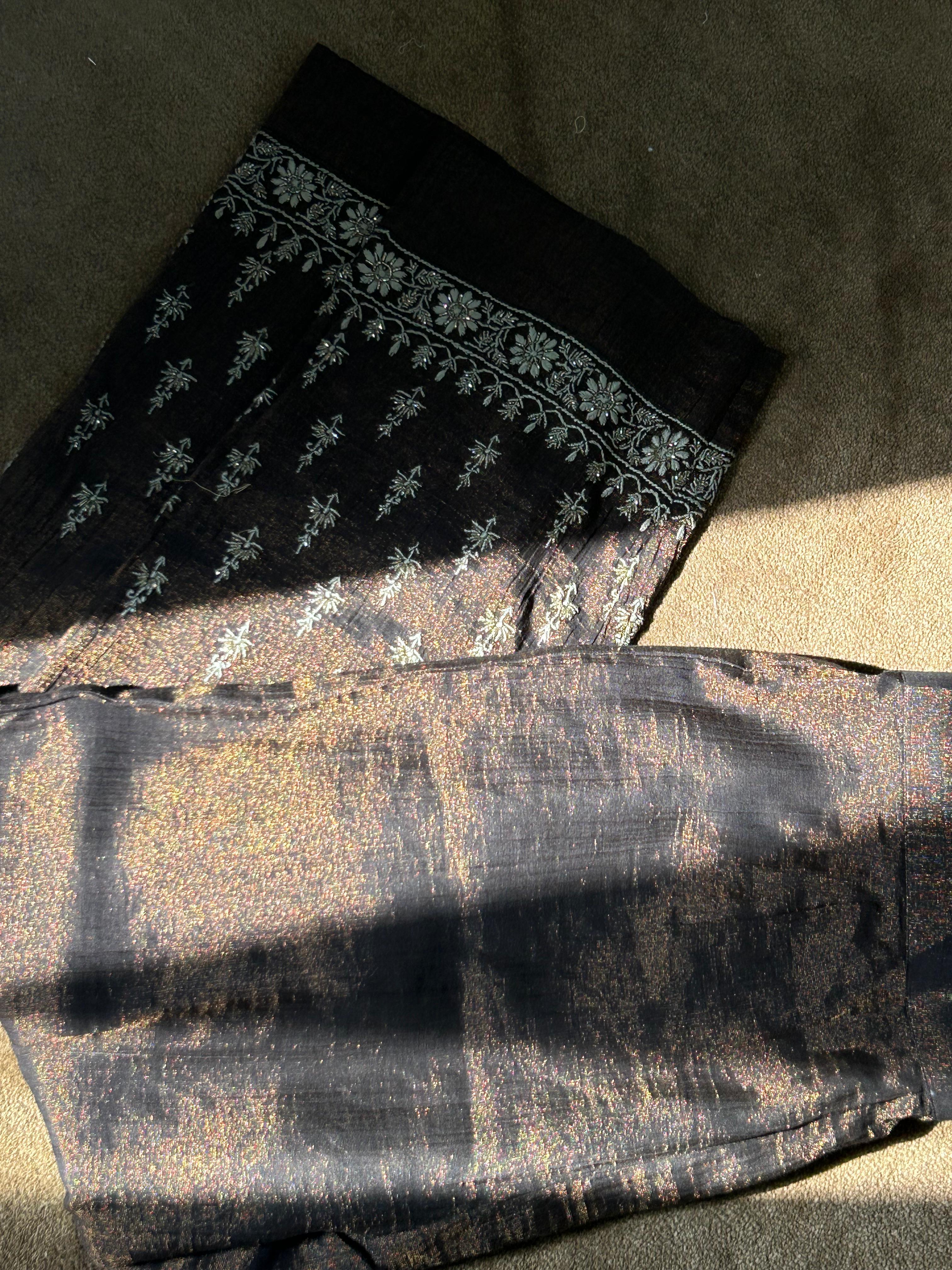 Black tissue chikankari kurta set