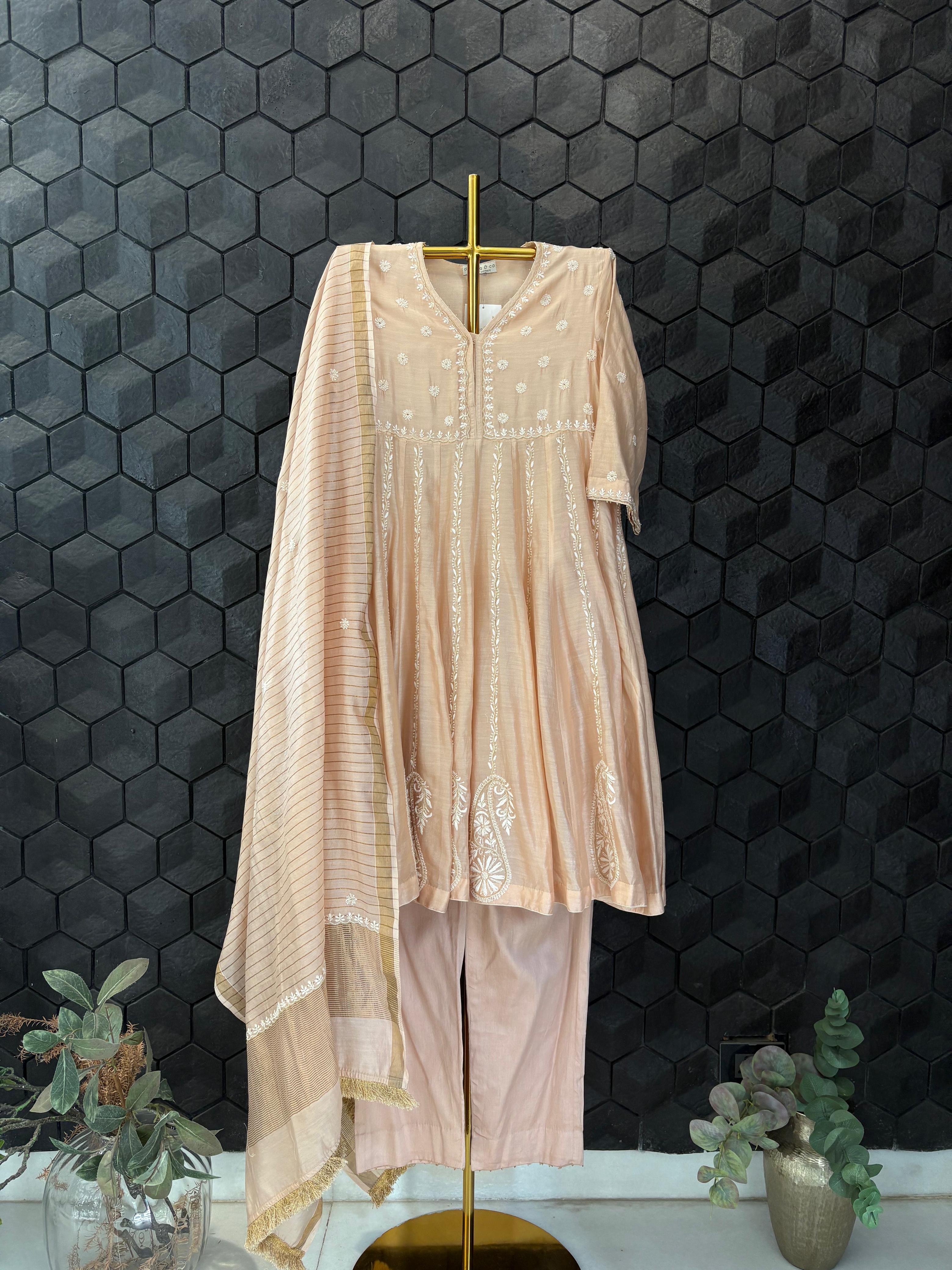 Peach Chanderi Chikankari Anarkali Set