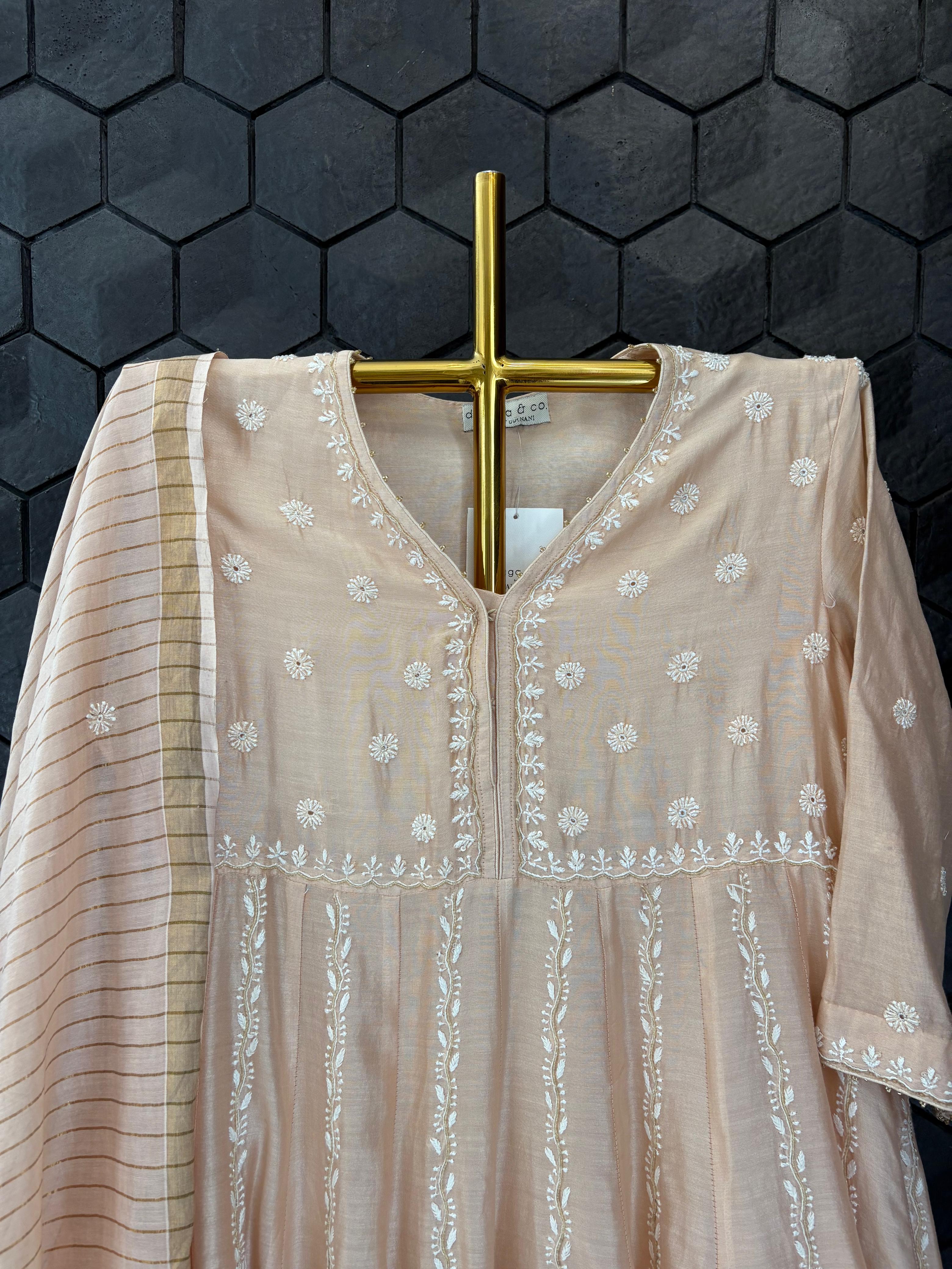Peach Chanderi Chikankari Anarkali Set