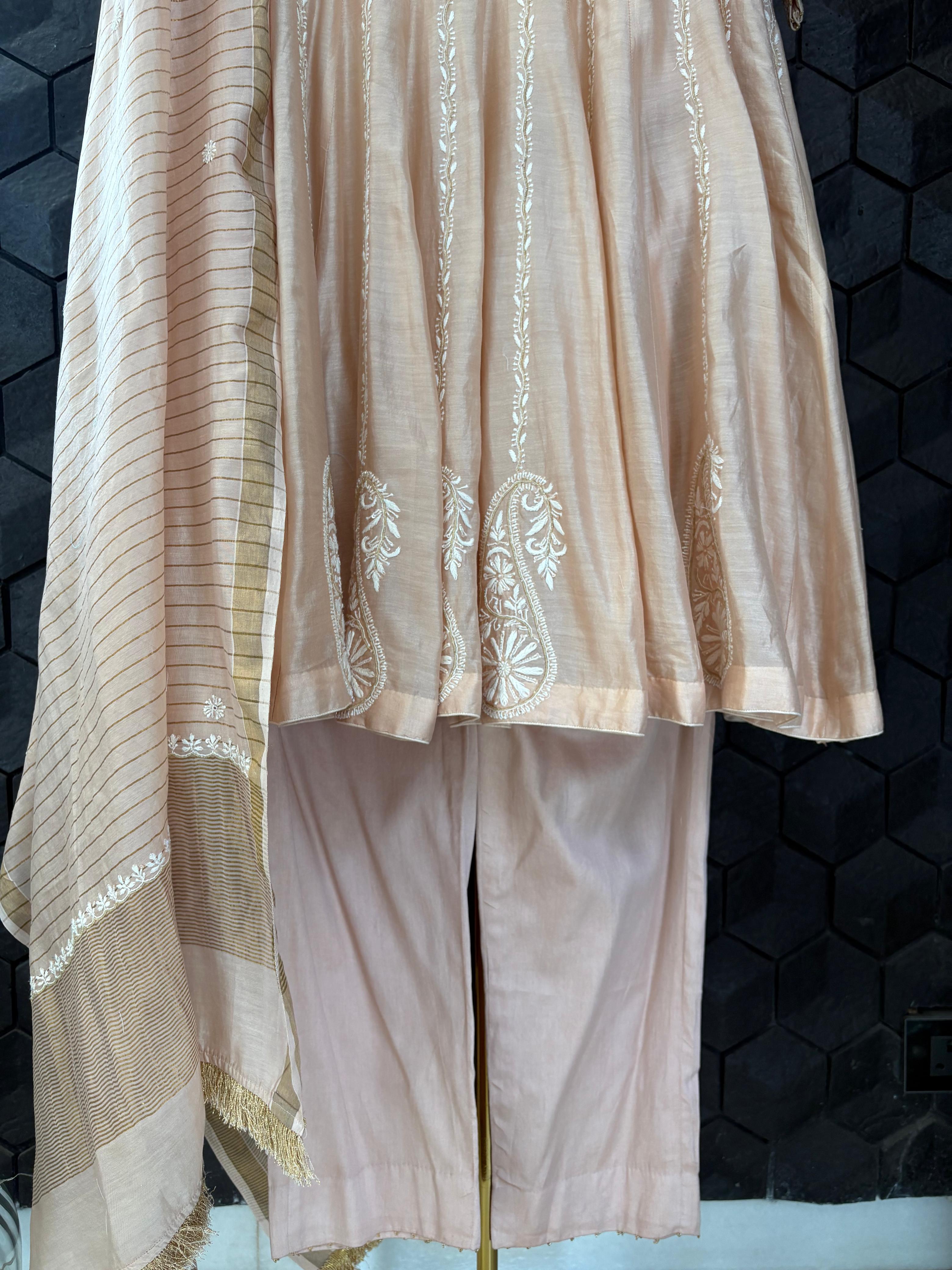 Peach Chanderi Chikankari Anarkali Set