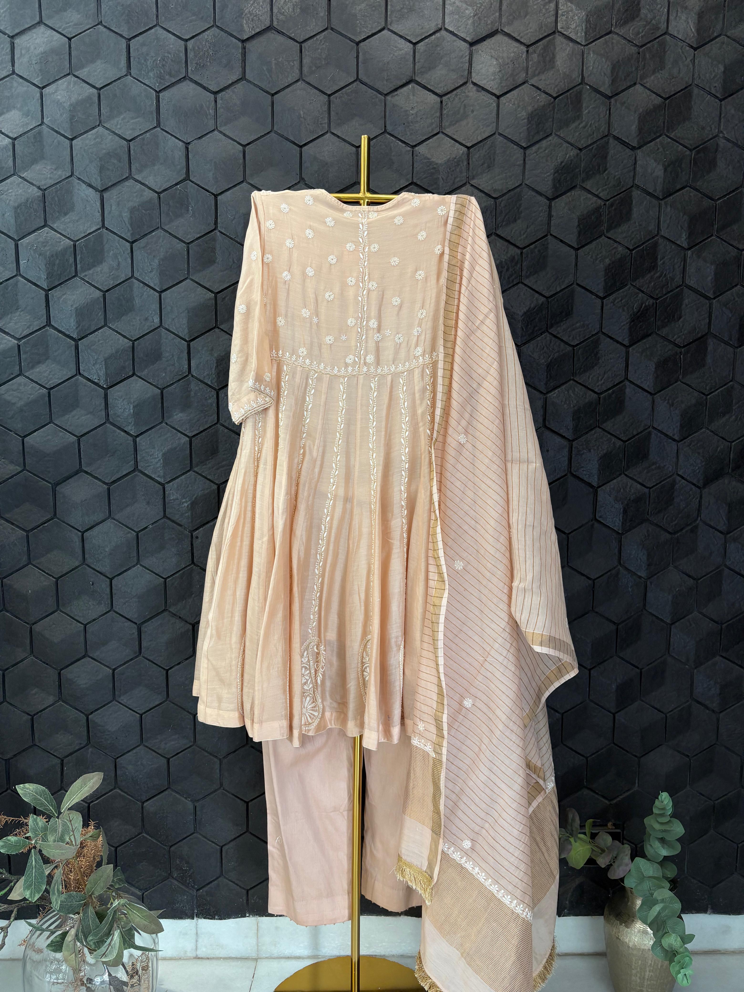Peach Chanderi Chikankari Anarkali Set