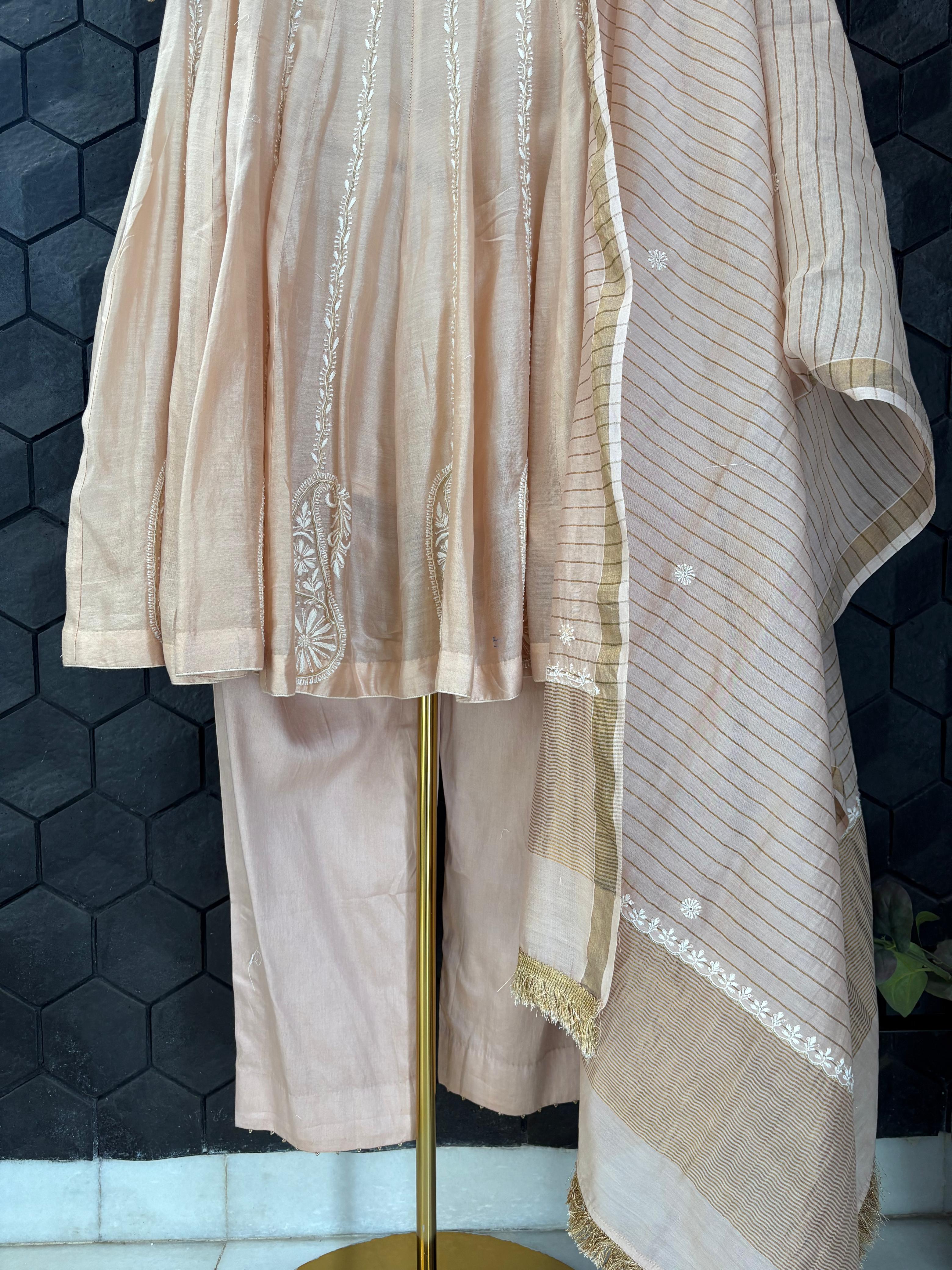 Peach Chanderi Chikankari Anarkali Set
