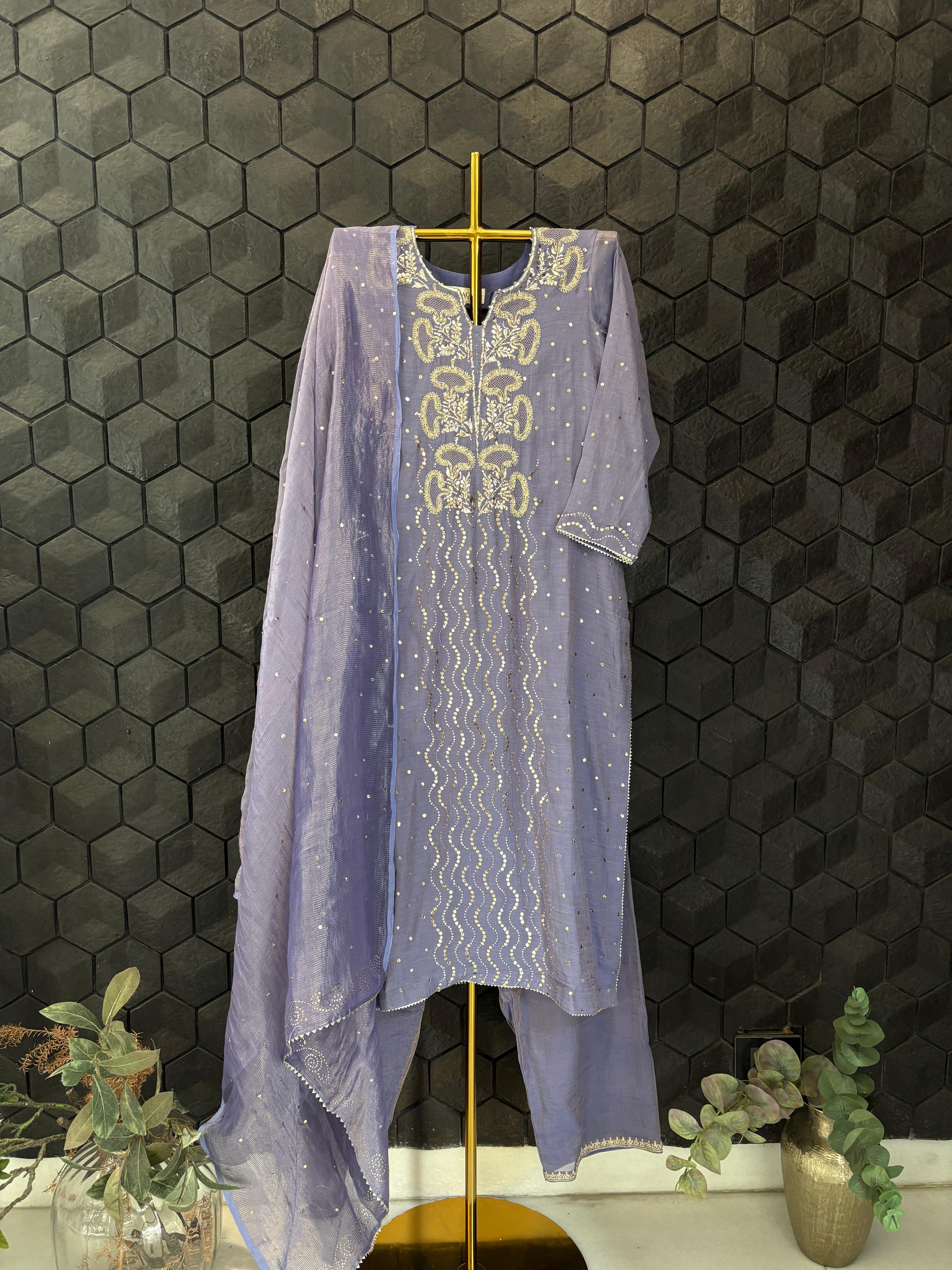 Purple mukaish tissue chikankari kurta set