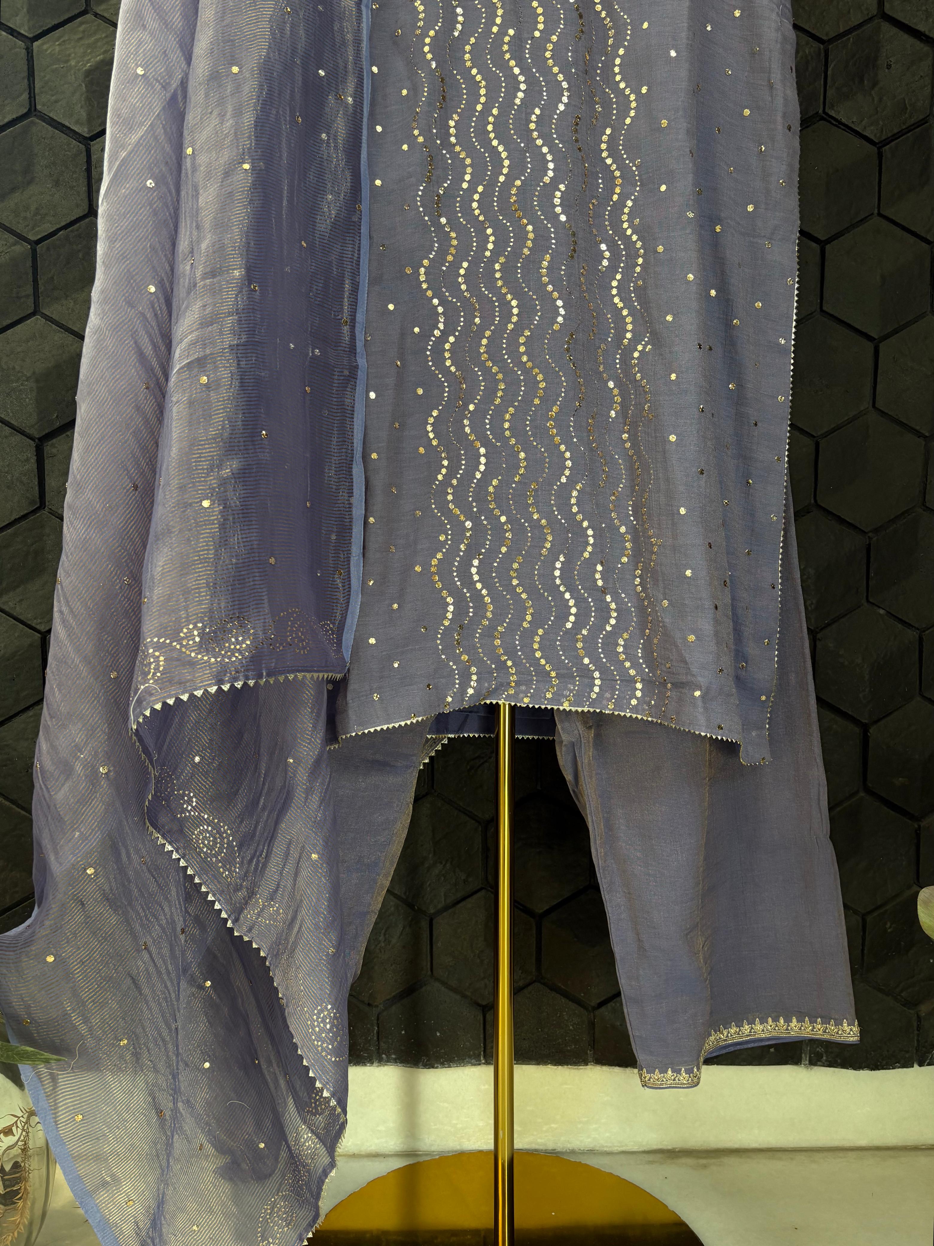 Purple mukaish tissue chikankari kurta set