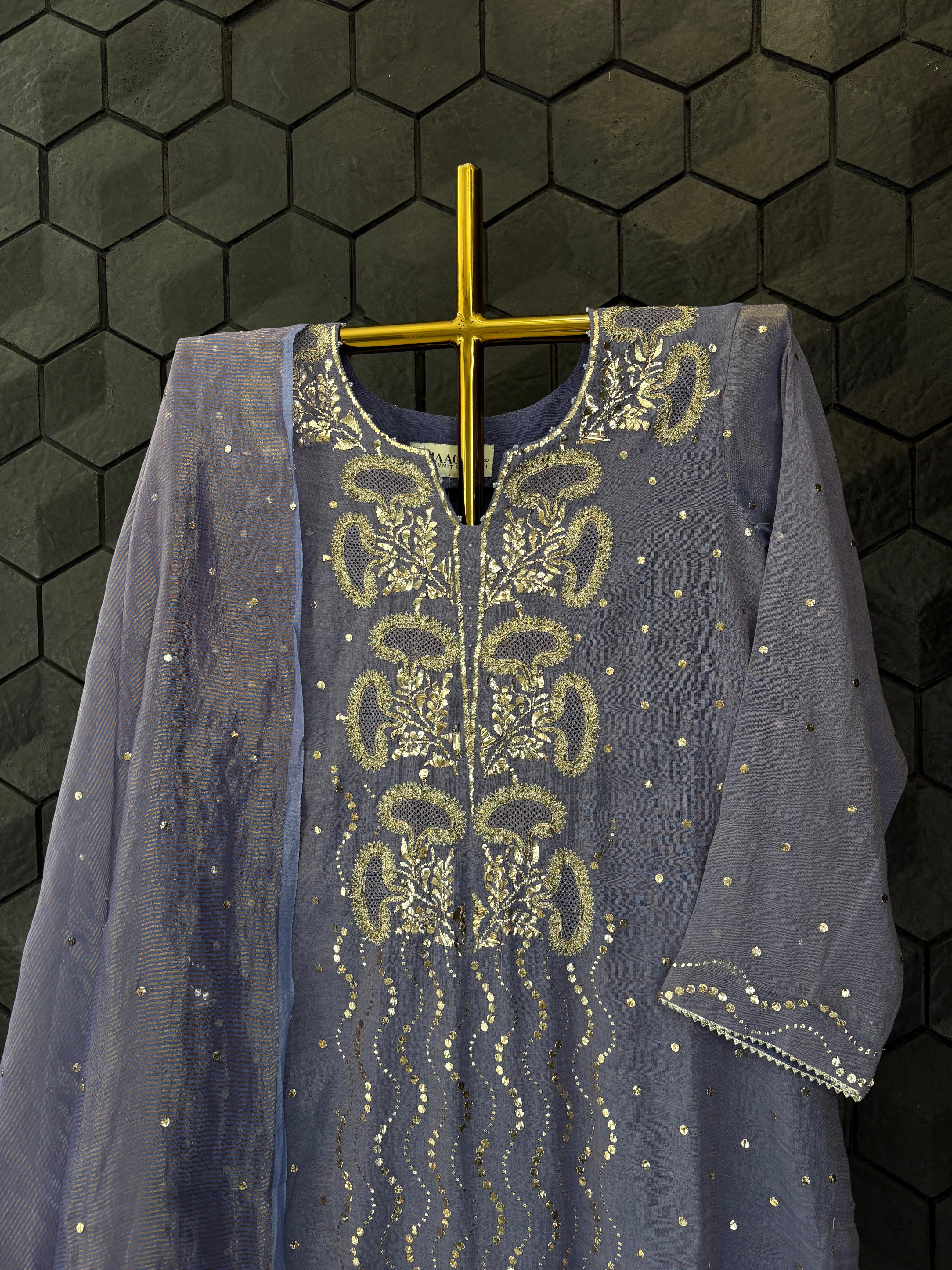 Purple mukaish tissue chikankari kurta set