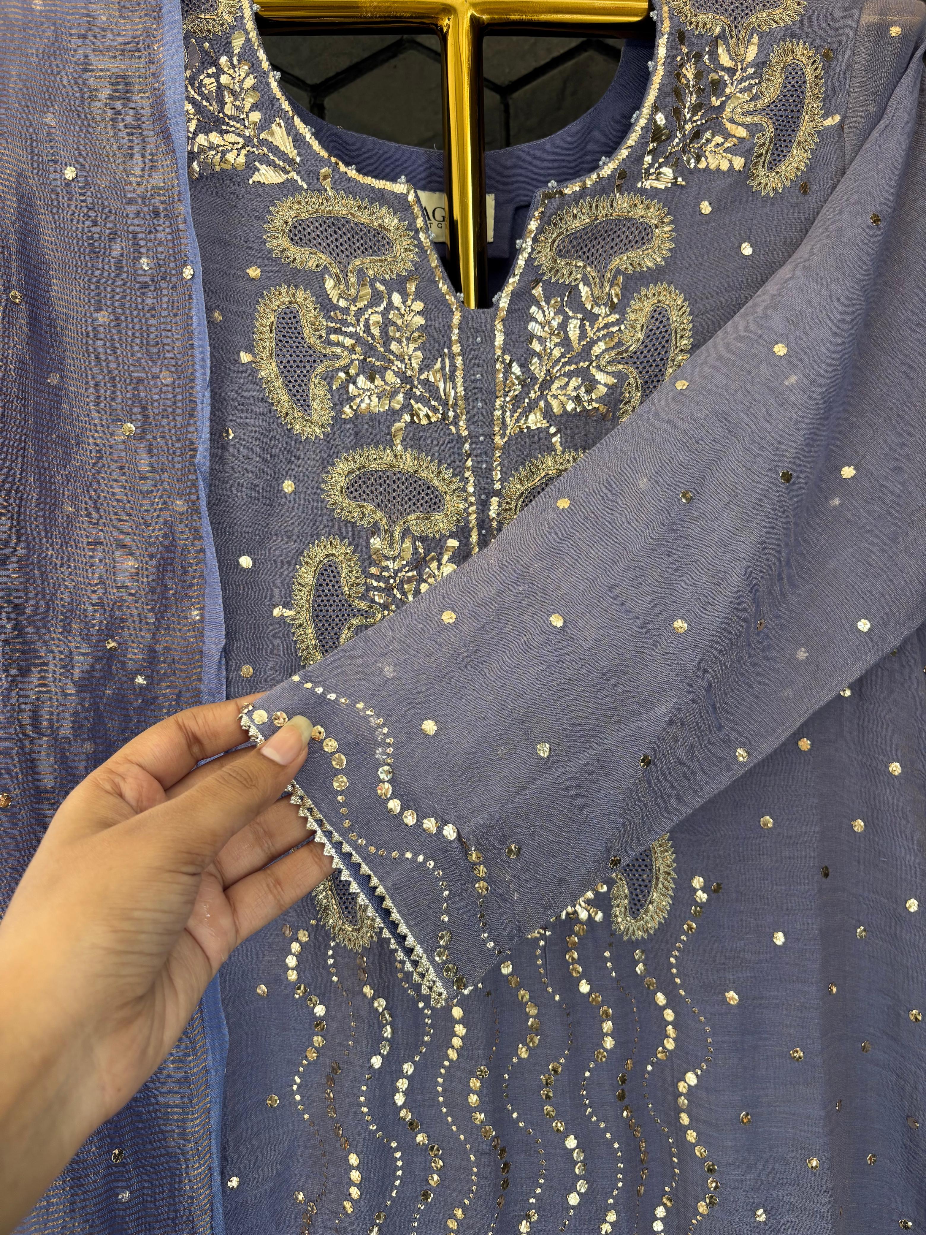 Purple mukaish tissue chikankari kurta set