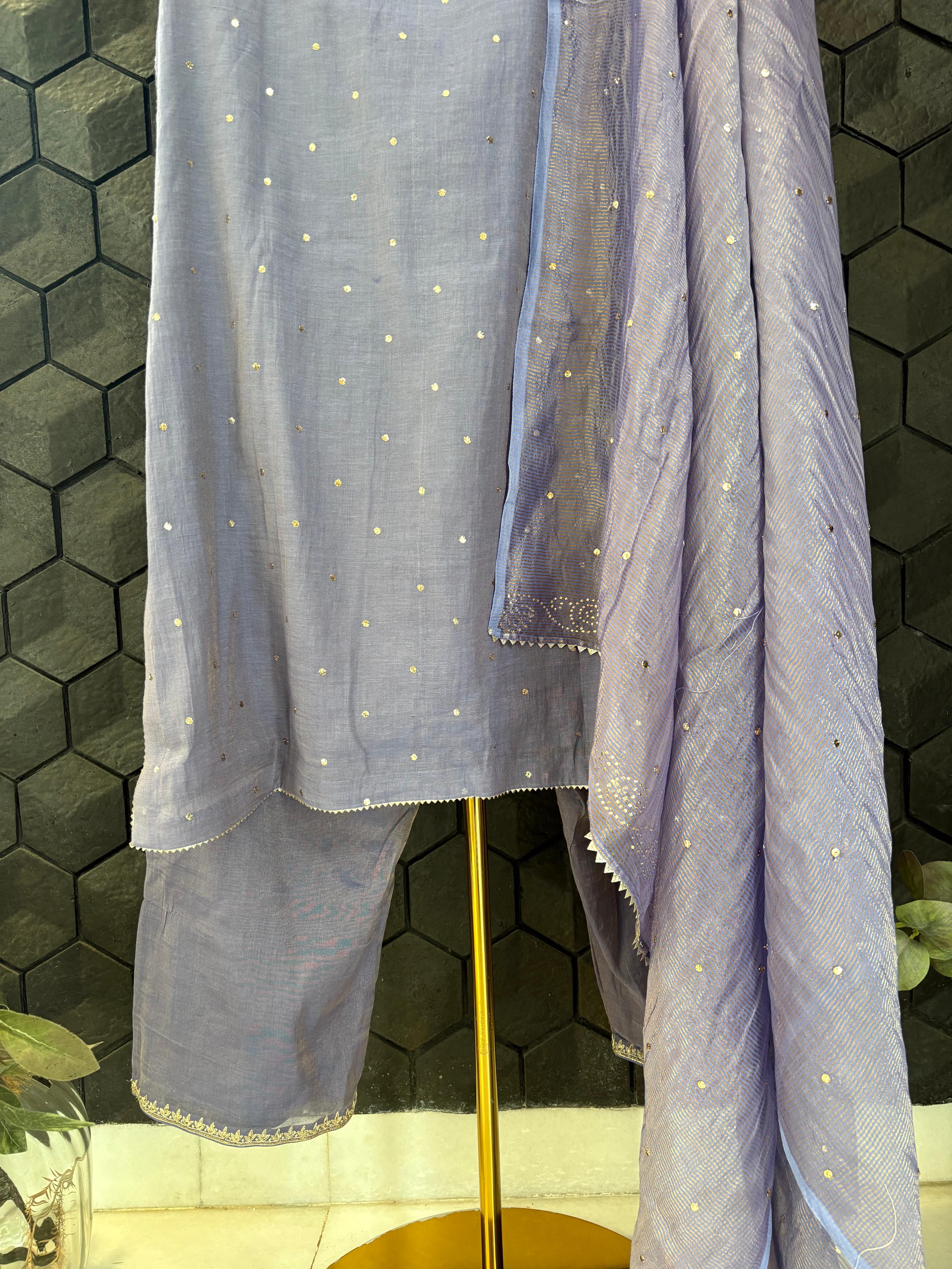 Purple mukaish tissue chikankari kurta set