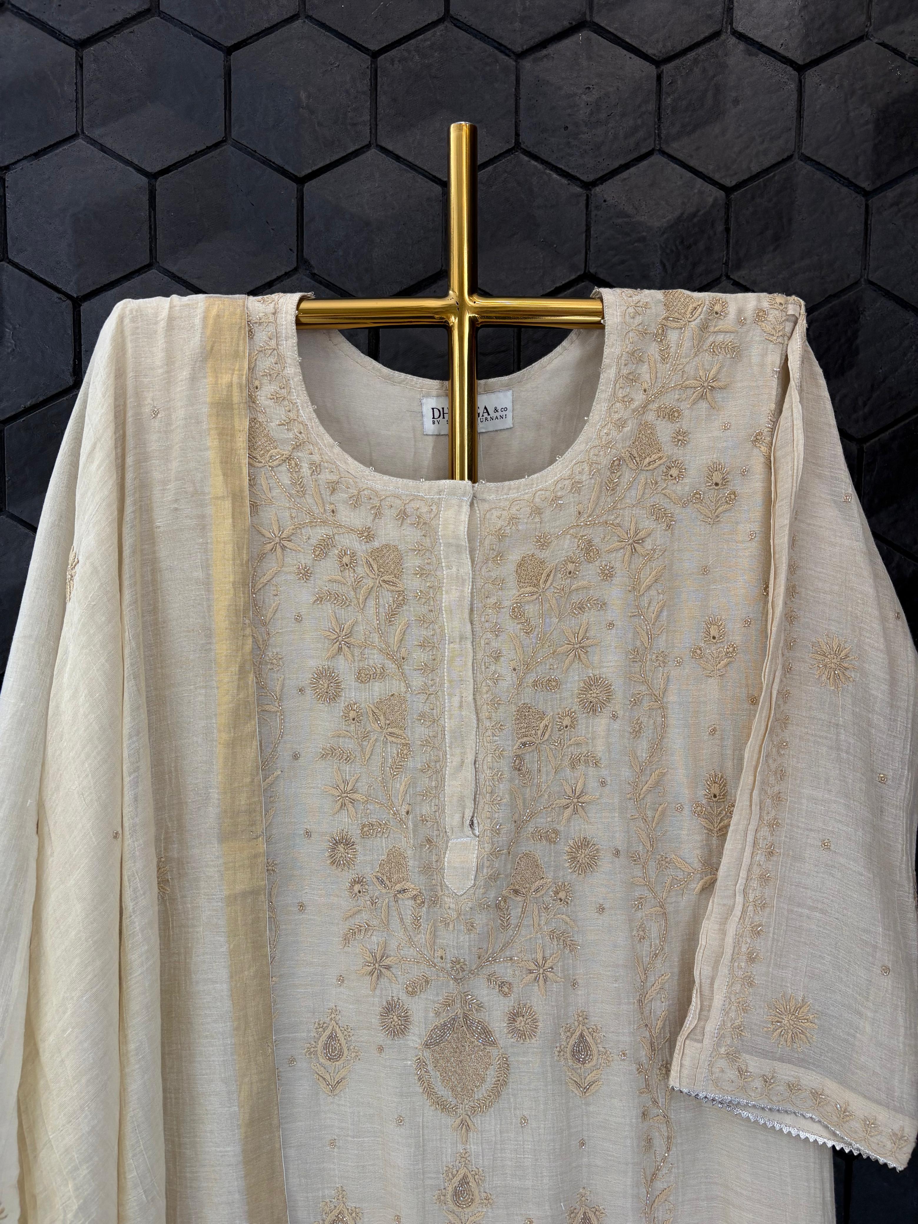 Beige golden tissue chikankari kurta set