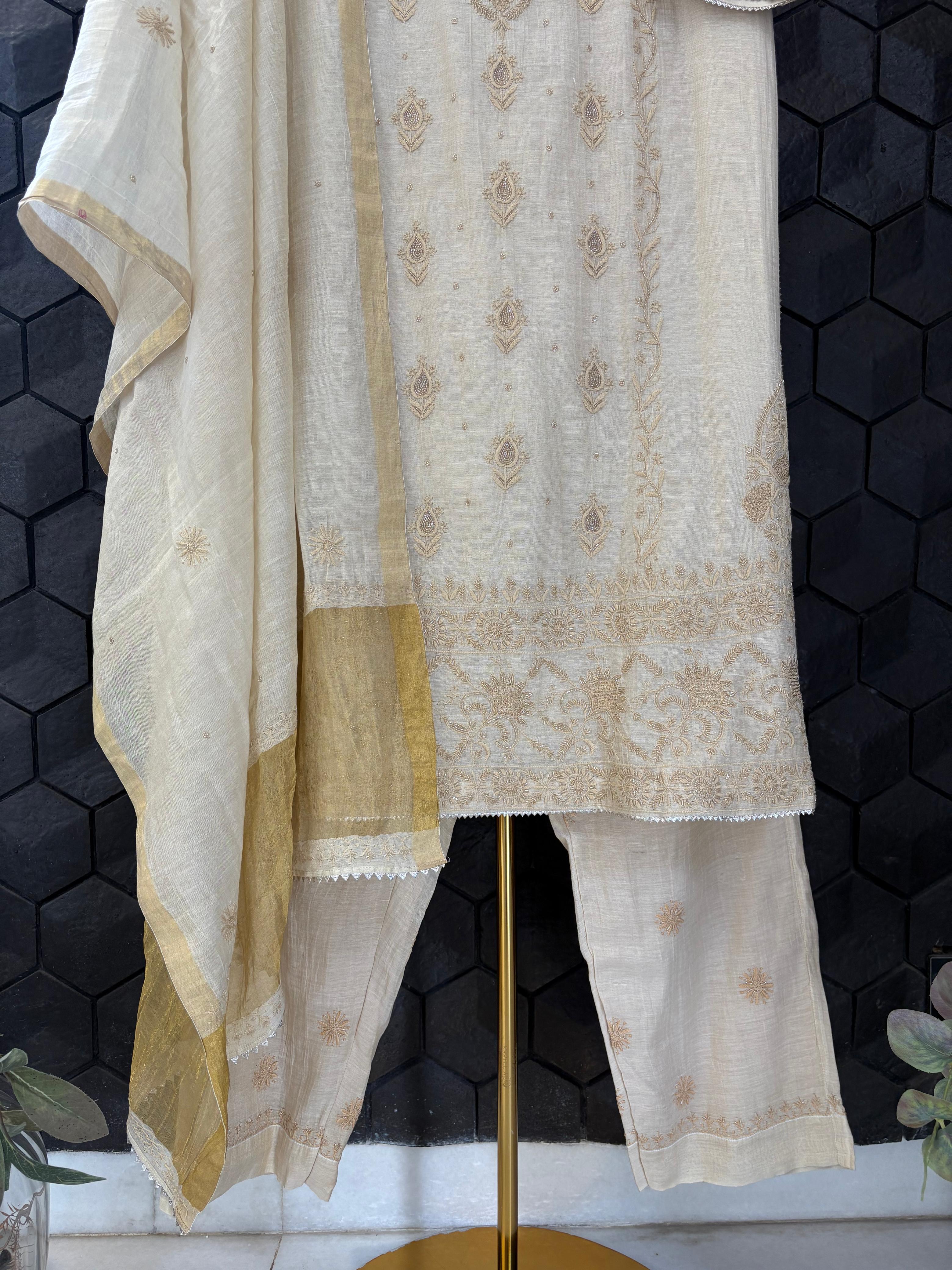 Beige golden tissue chikankari kurta set
