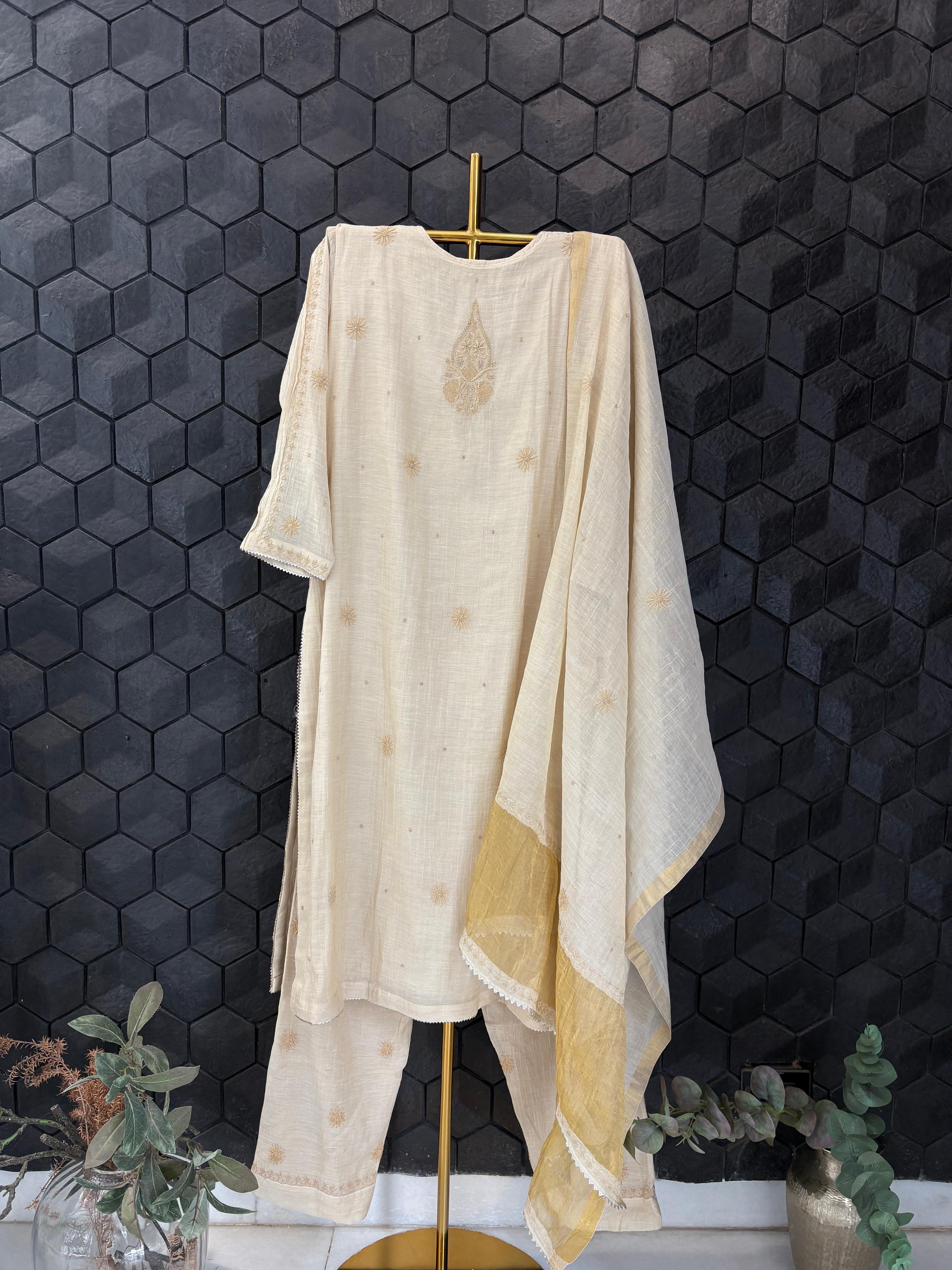 Beige golden tissue chikankari kurta set