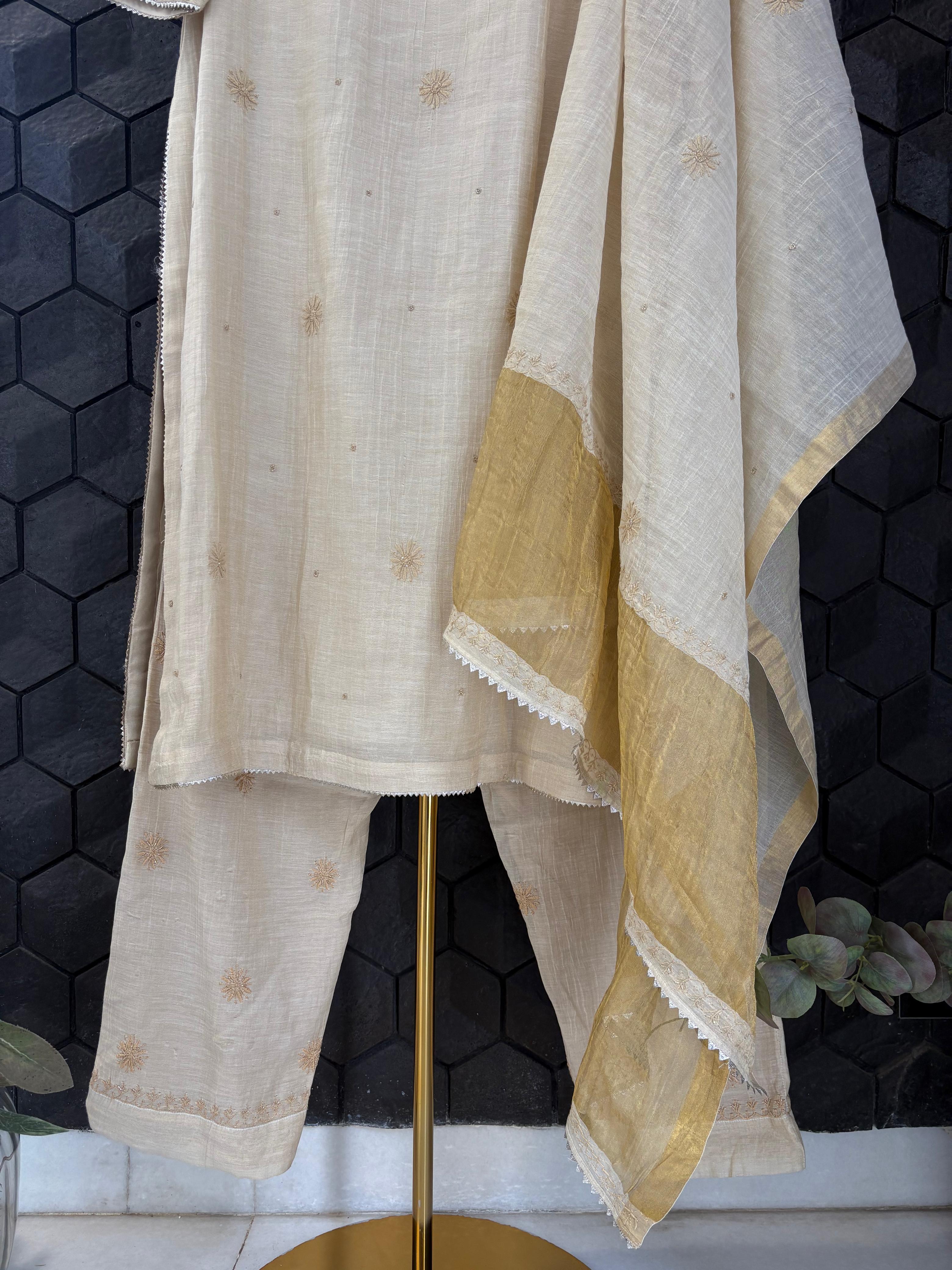 Beige golden tissue chikankari kurta set