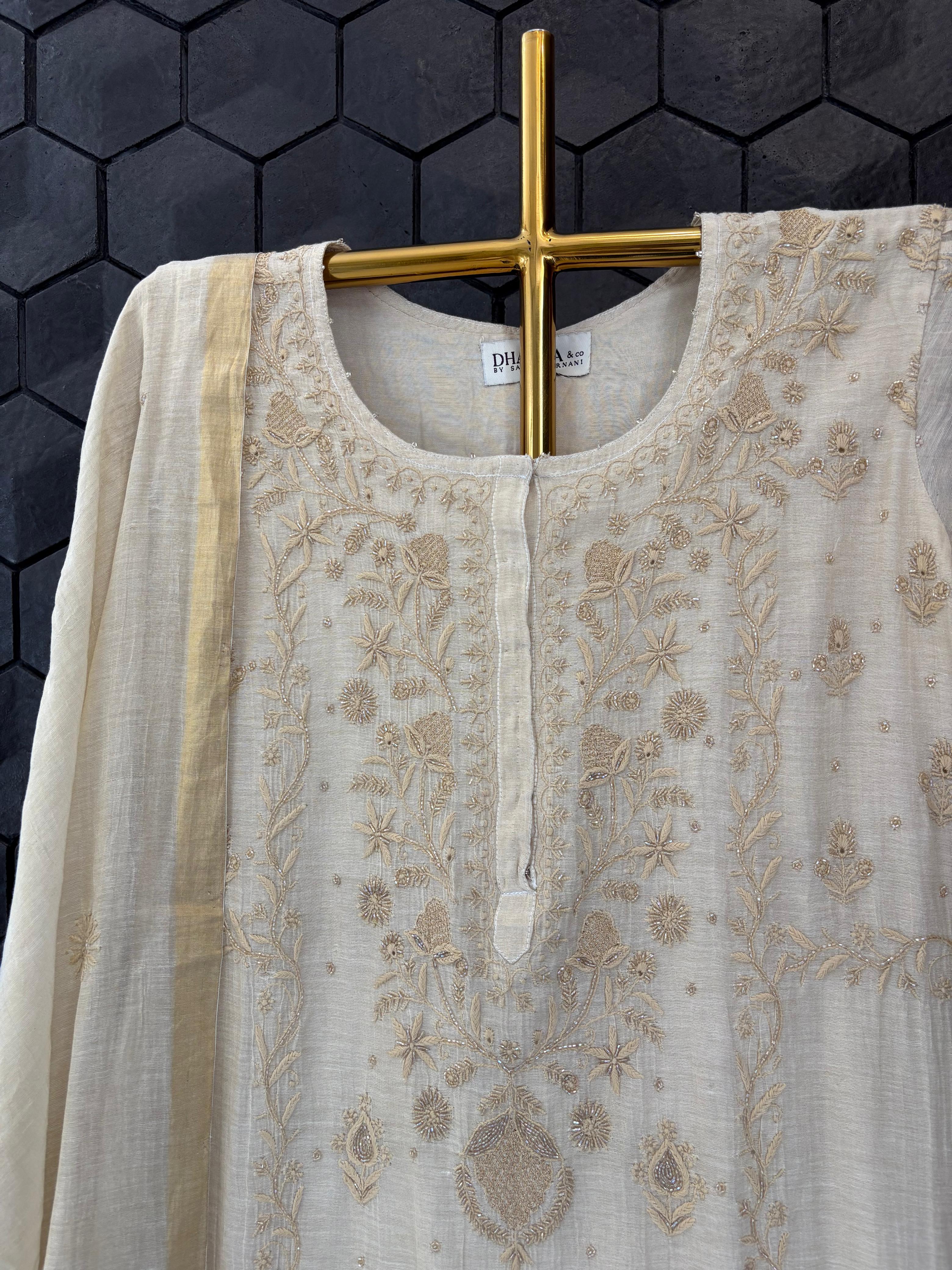 Beige golden tissue chikankari kurta set