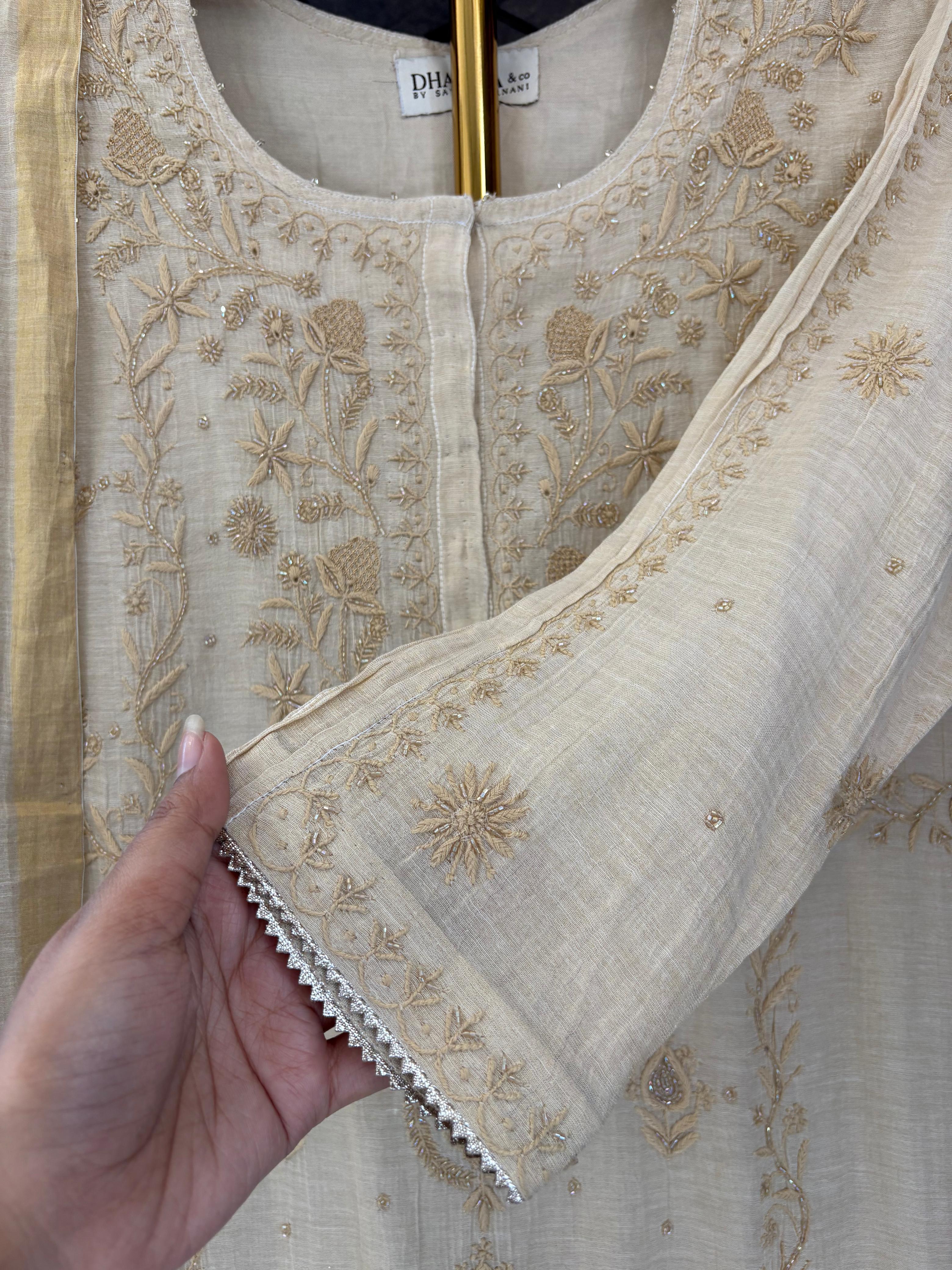 Beige golden tissue chikankari kurta set