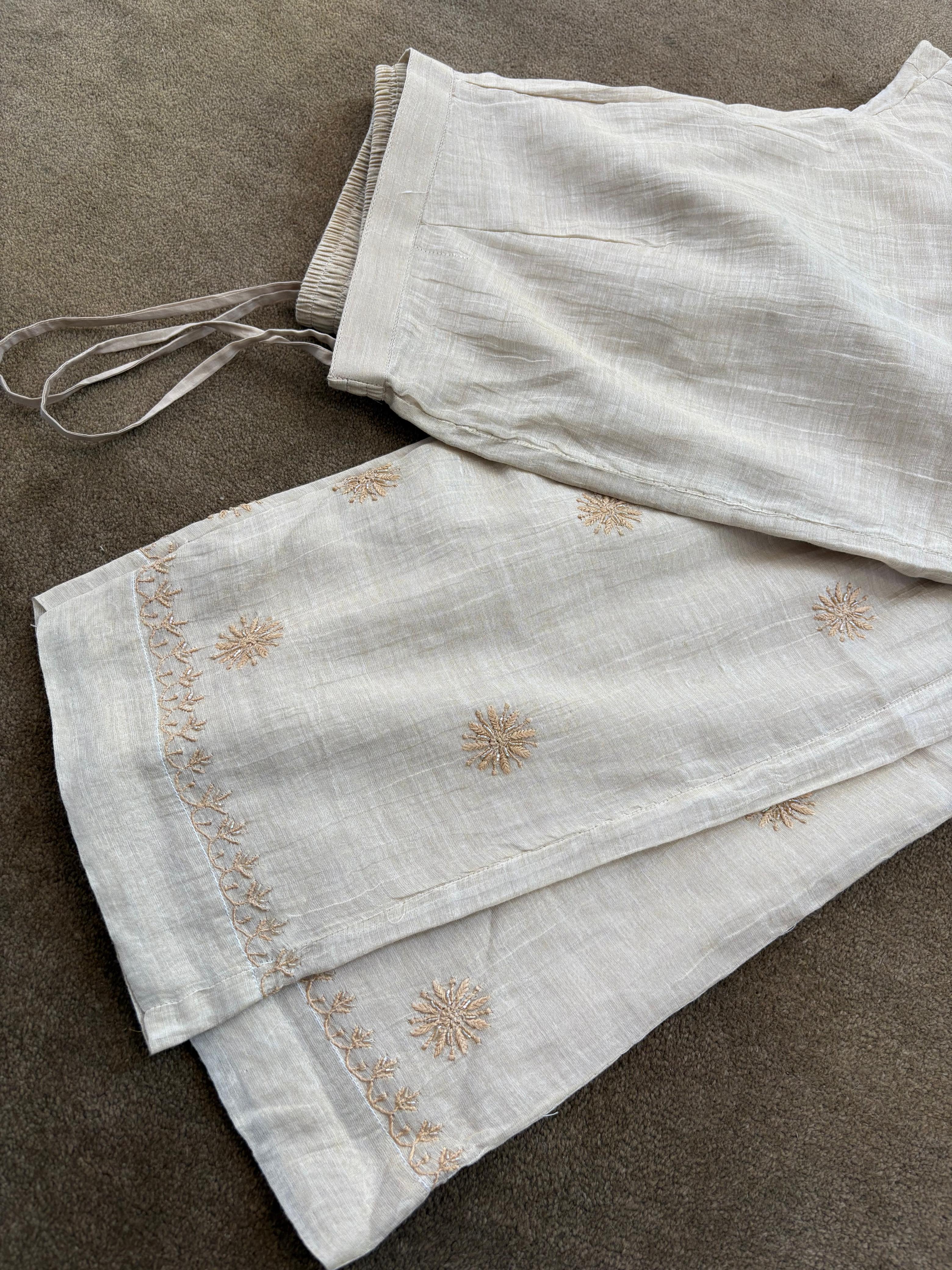 Beige golden tissue chikankari kurta set