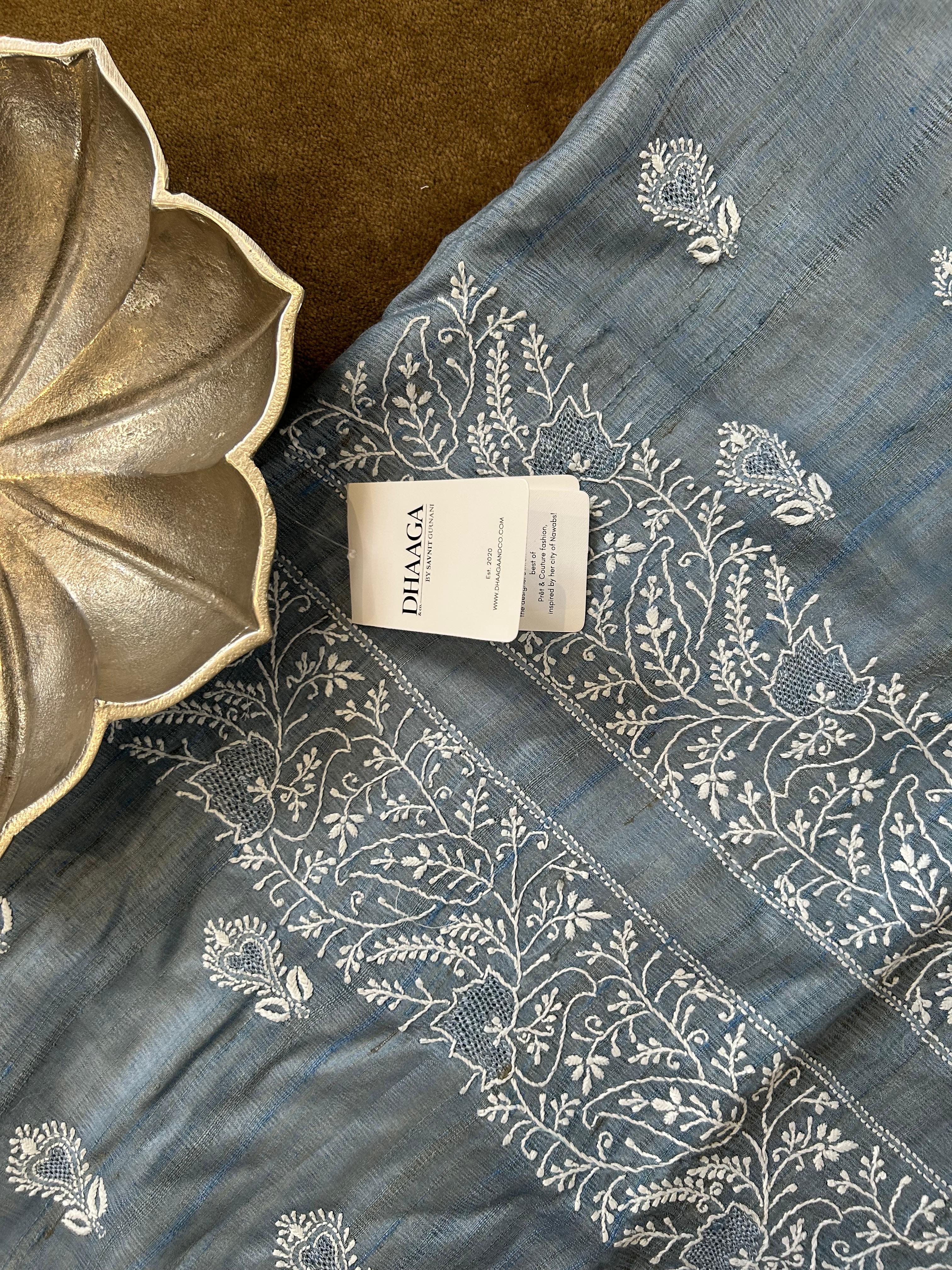 Blue Tussar silk chikankari men kurta