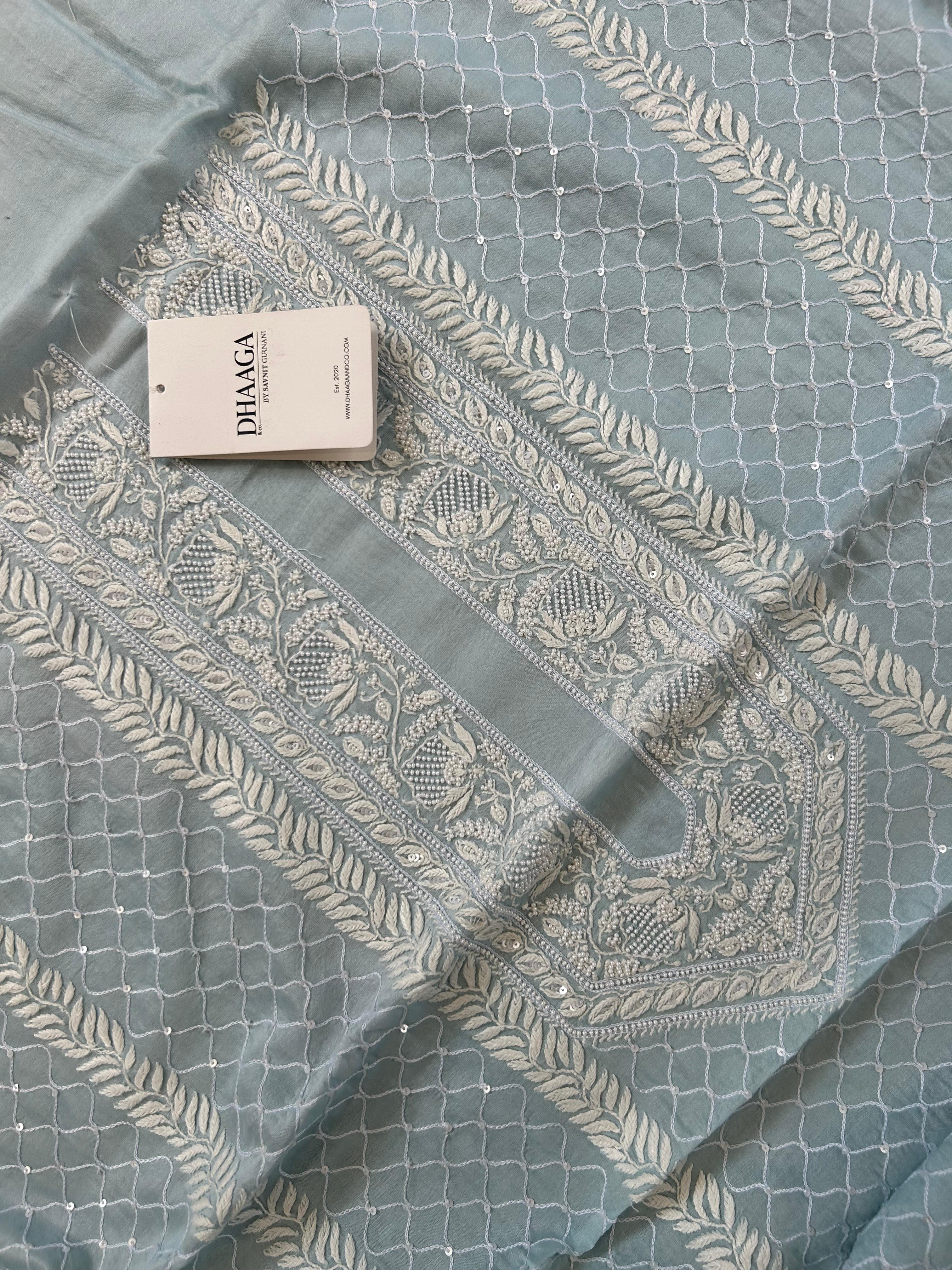 Blue Chanderi Chikankari mens kurta