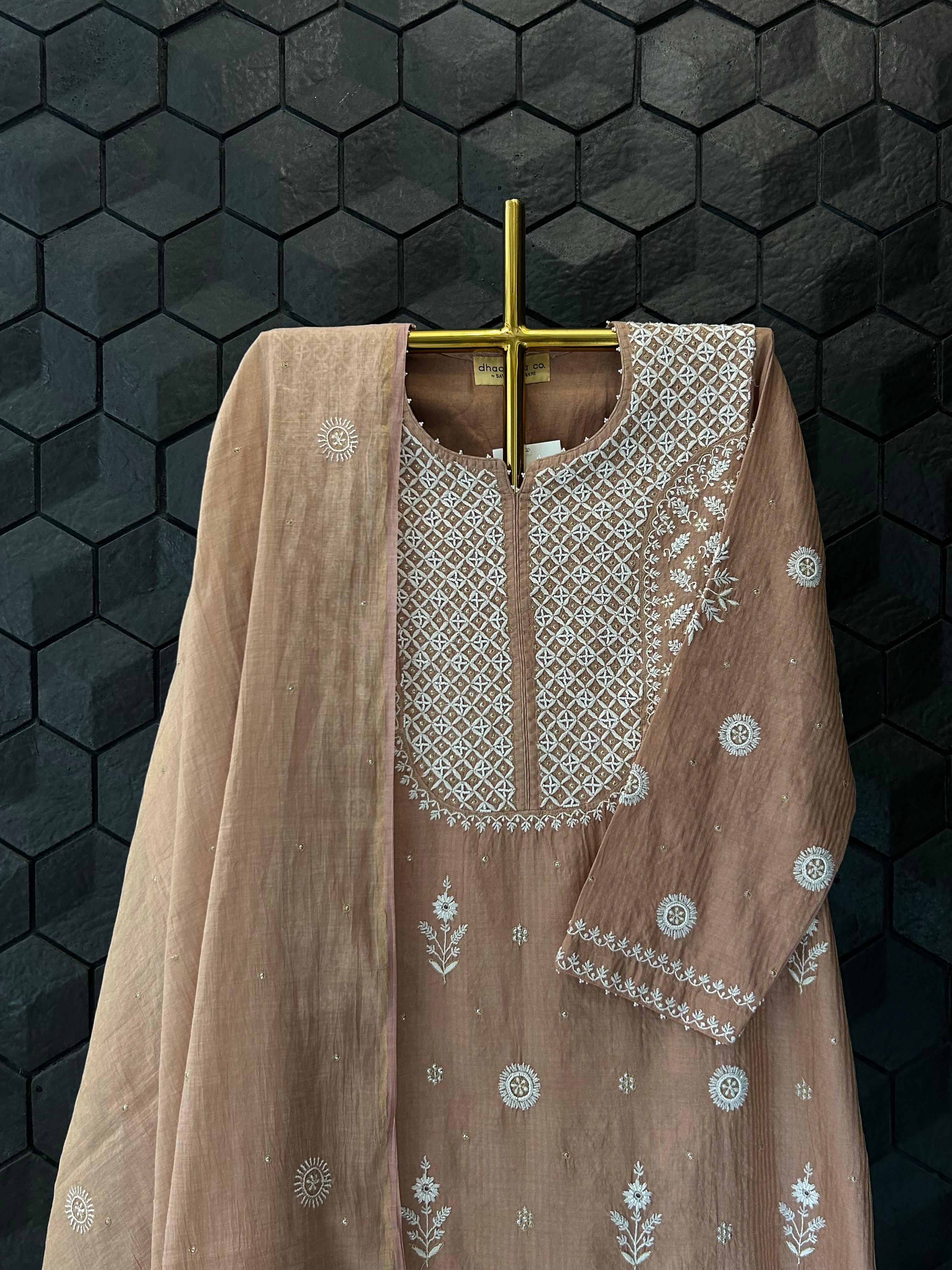 Rust Zari Stripped Tissue Chikankari Kurta Set