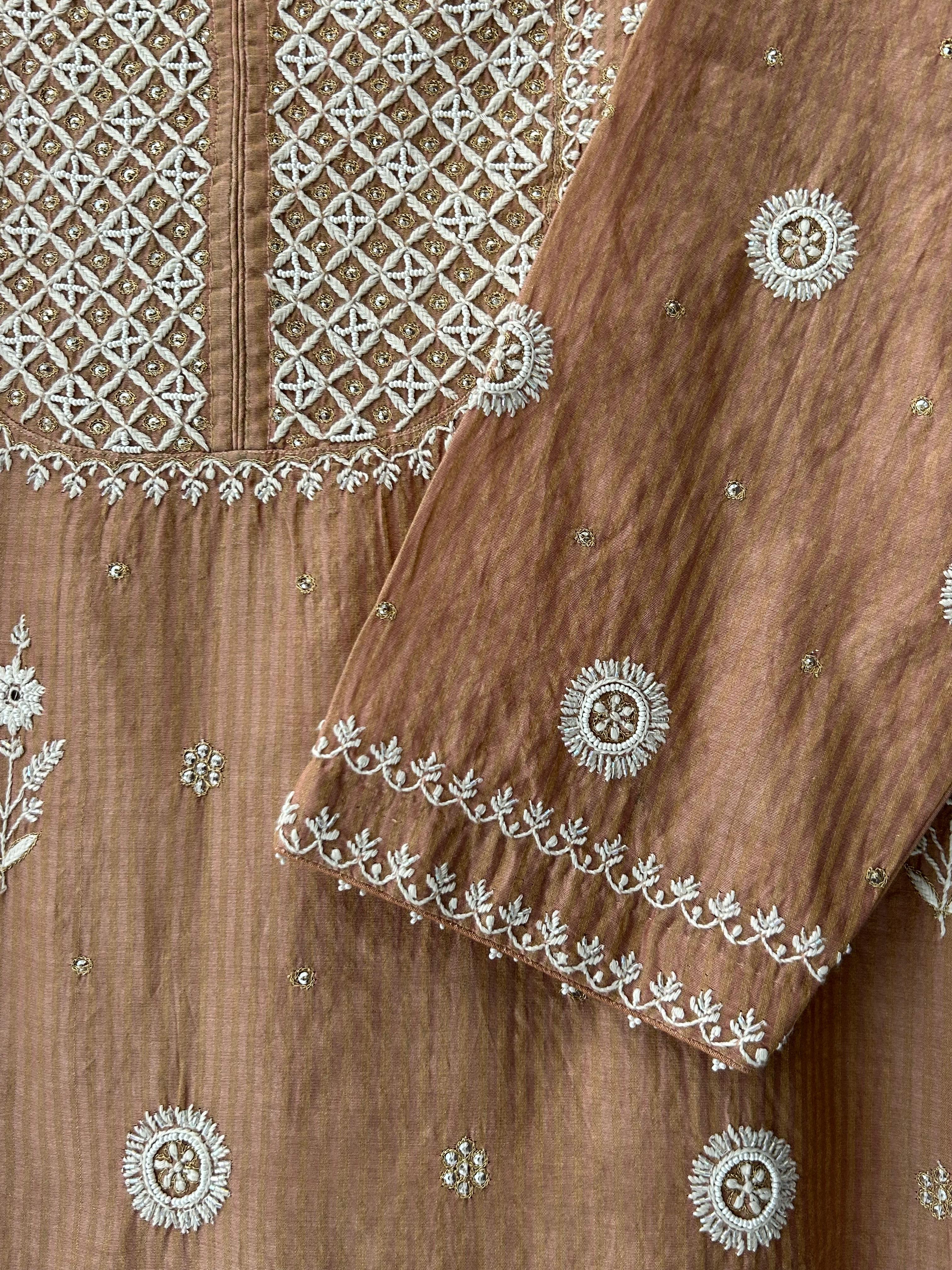 Rust Zari Stripped Tissue Chikankari Kurta Set