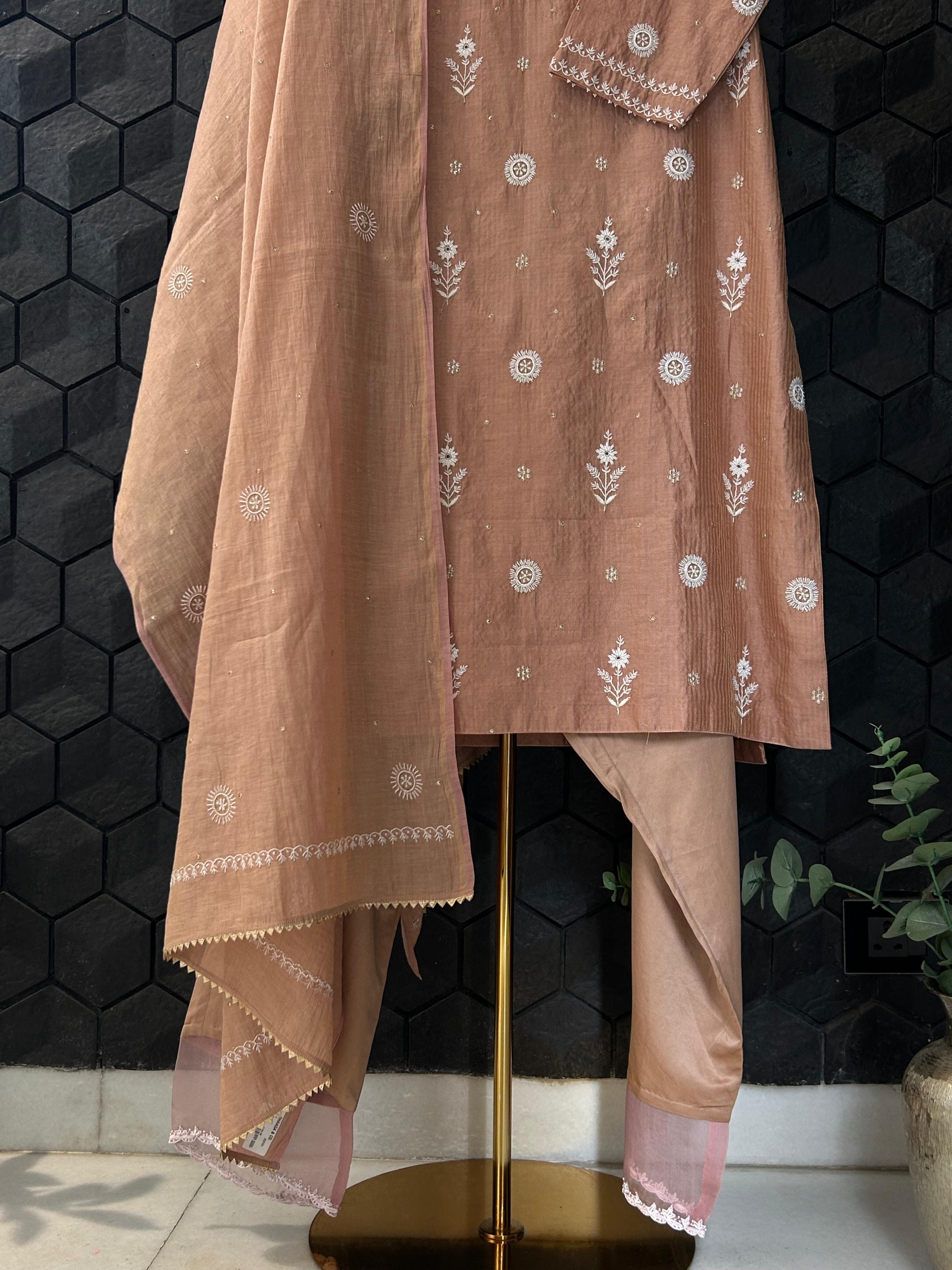 Rust Zari Stripped Tissue Chikankari Kurta Set