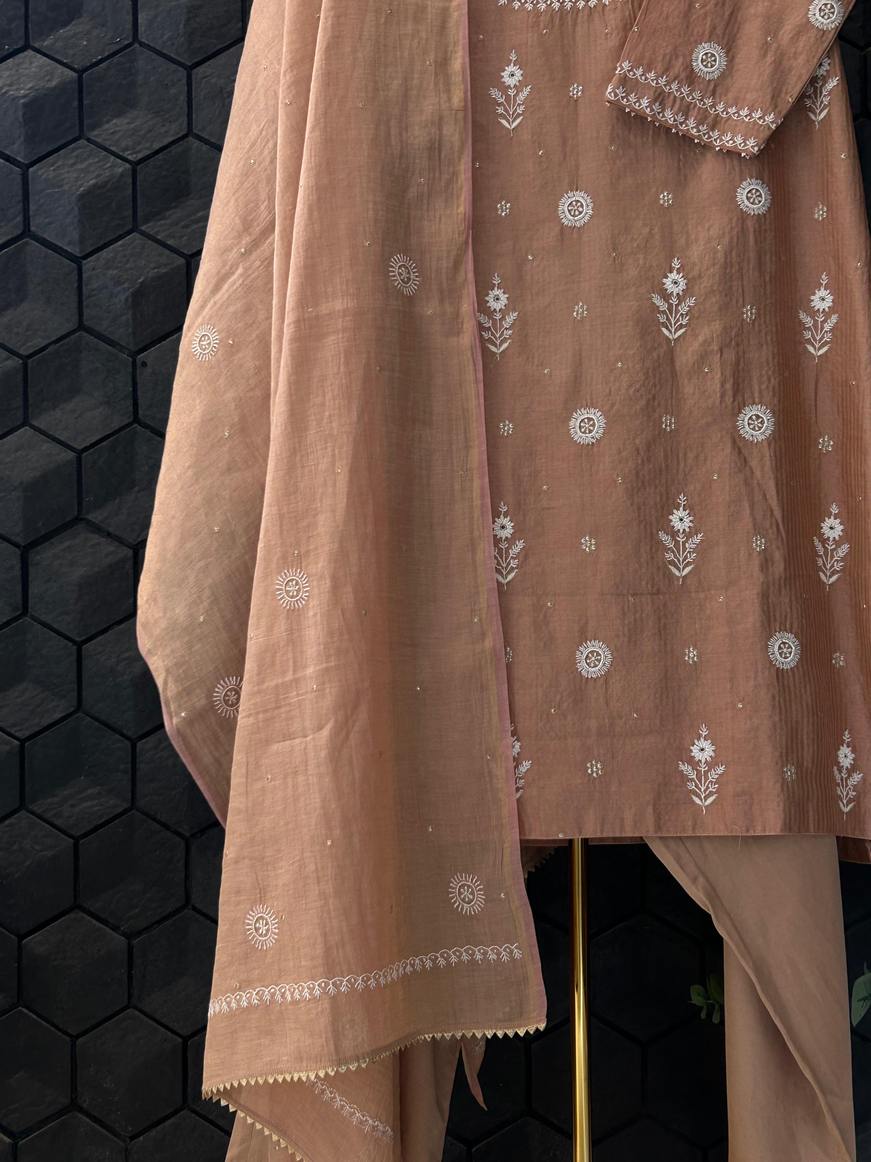 Rust Zari Stripped Tissue Chikankari Kurta Set