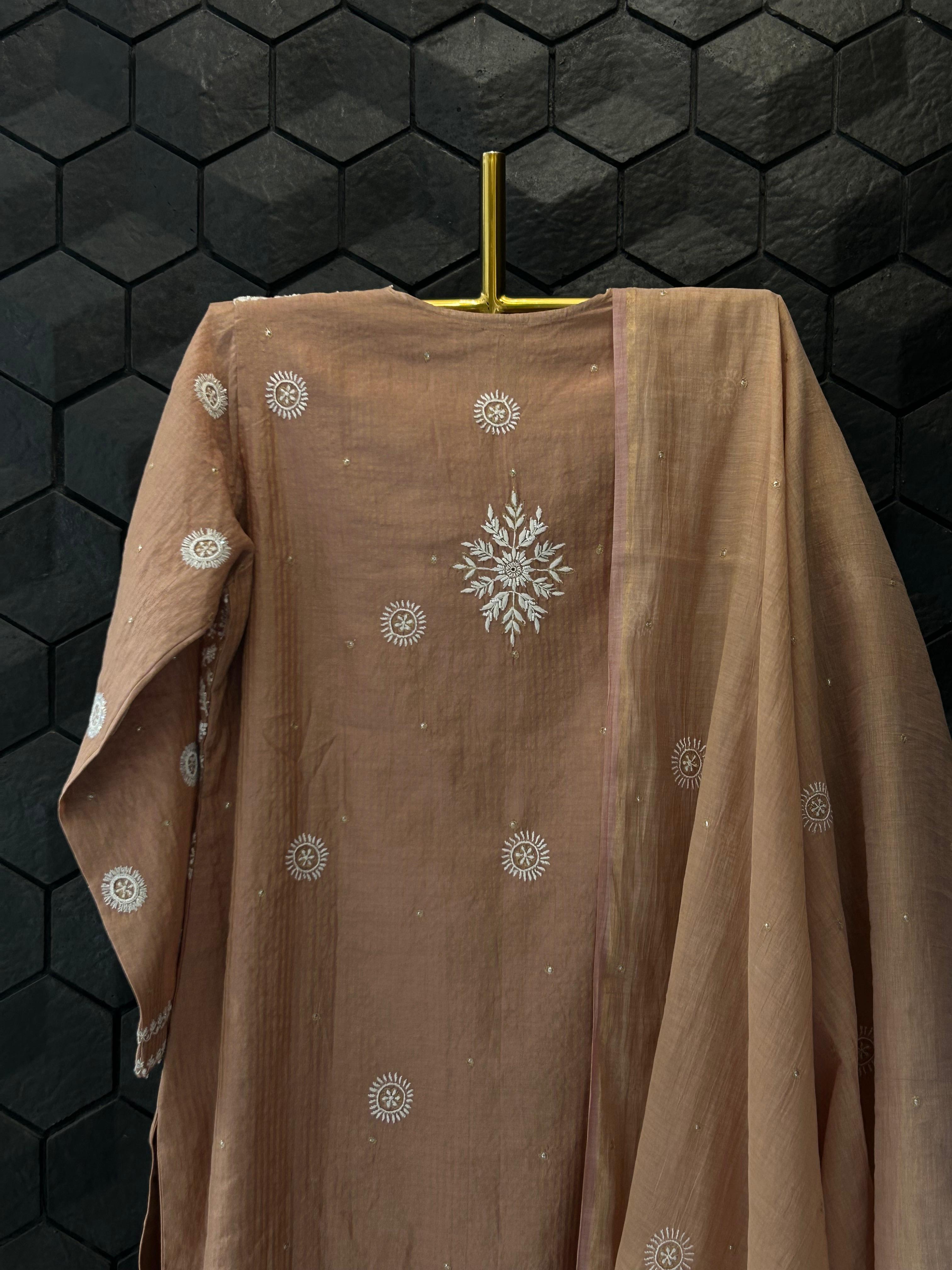 Rust Zari Stripped Tissue Chikankari Kurta Set