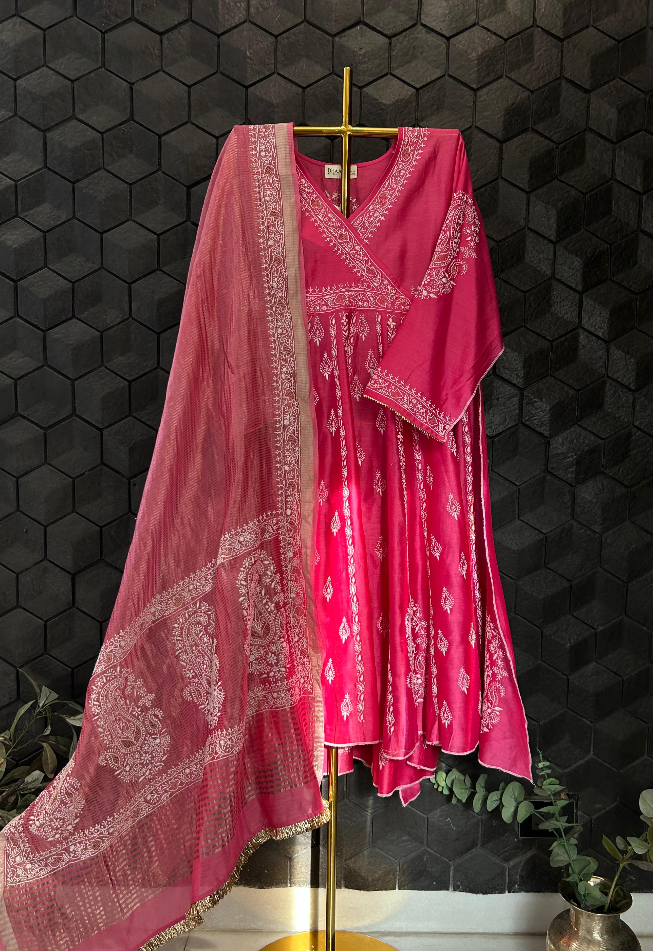 Magenta Chanderi Chikankari angarkha set