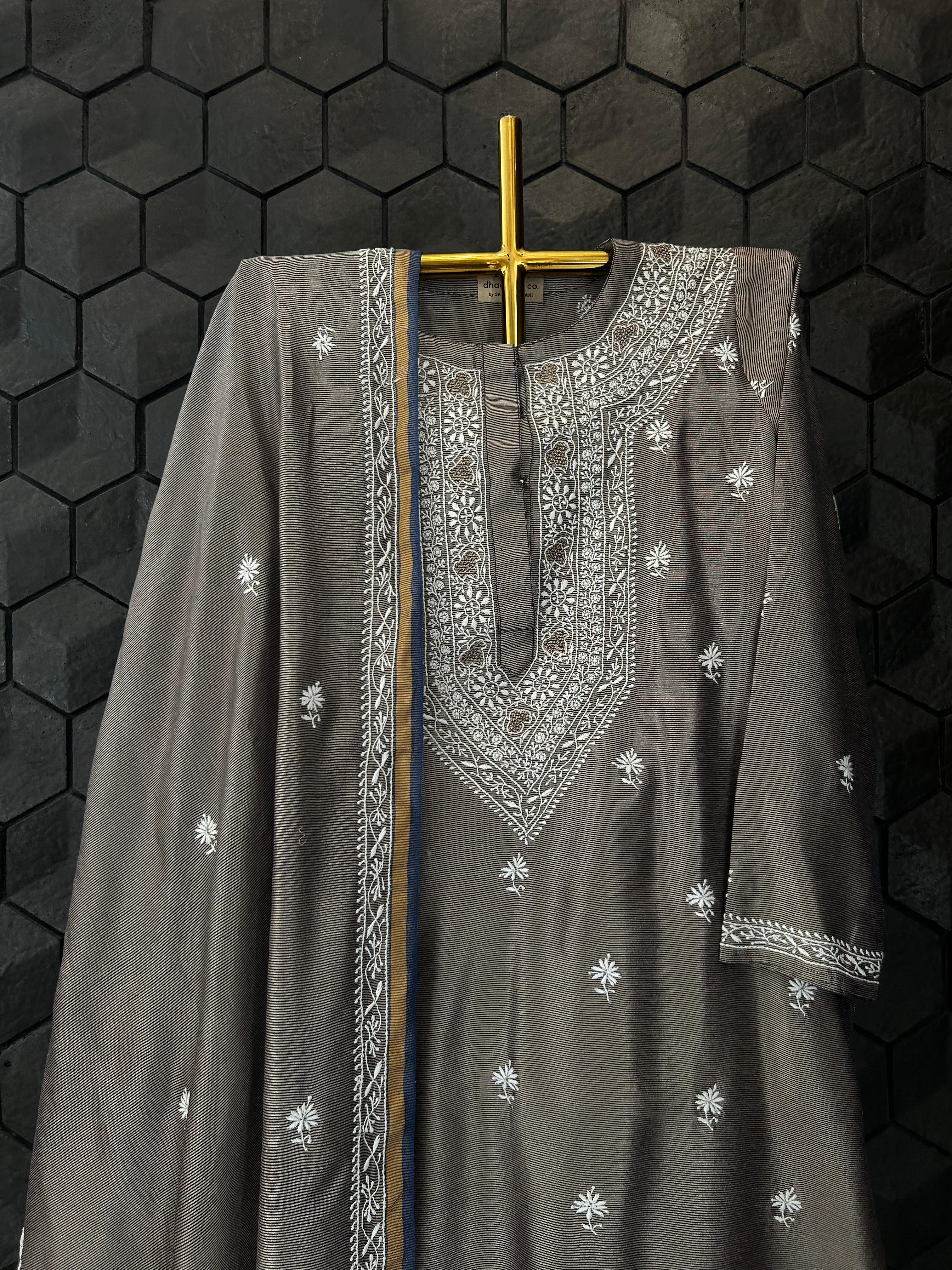 Grey Chanderi Chikankari kurta set