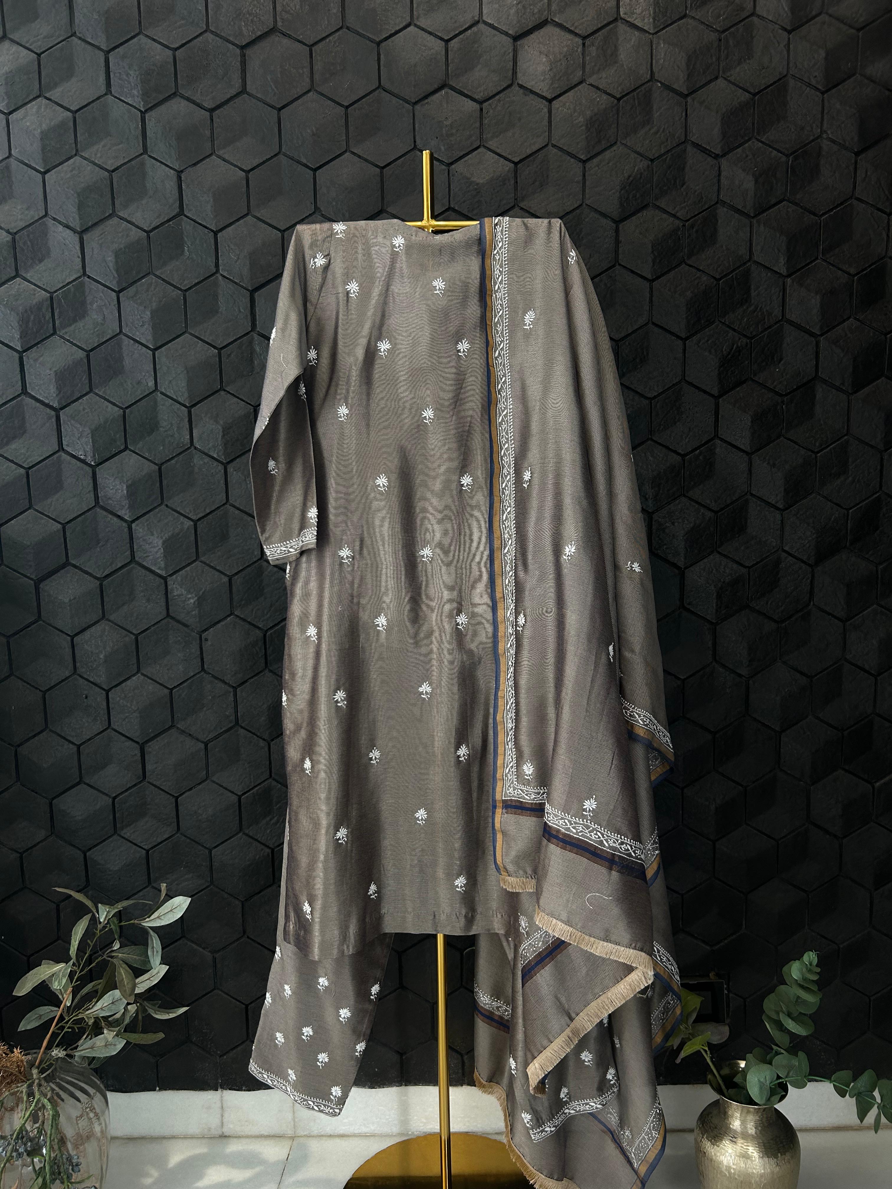 Grey Chanderi Chikankari kurta set