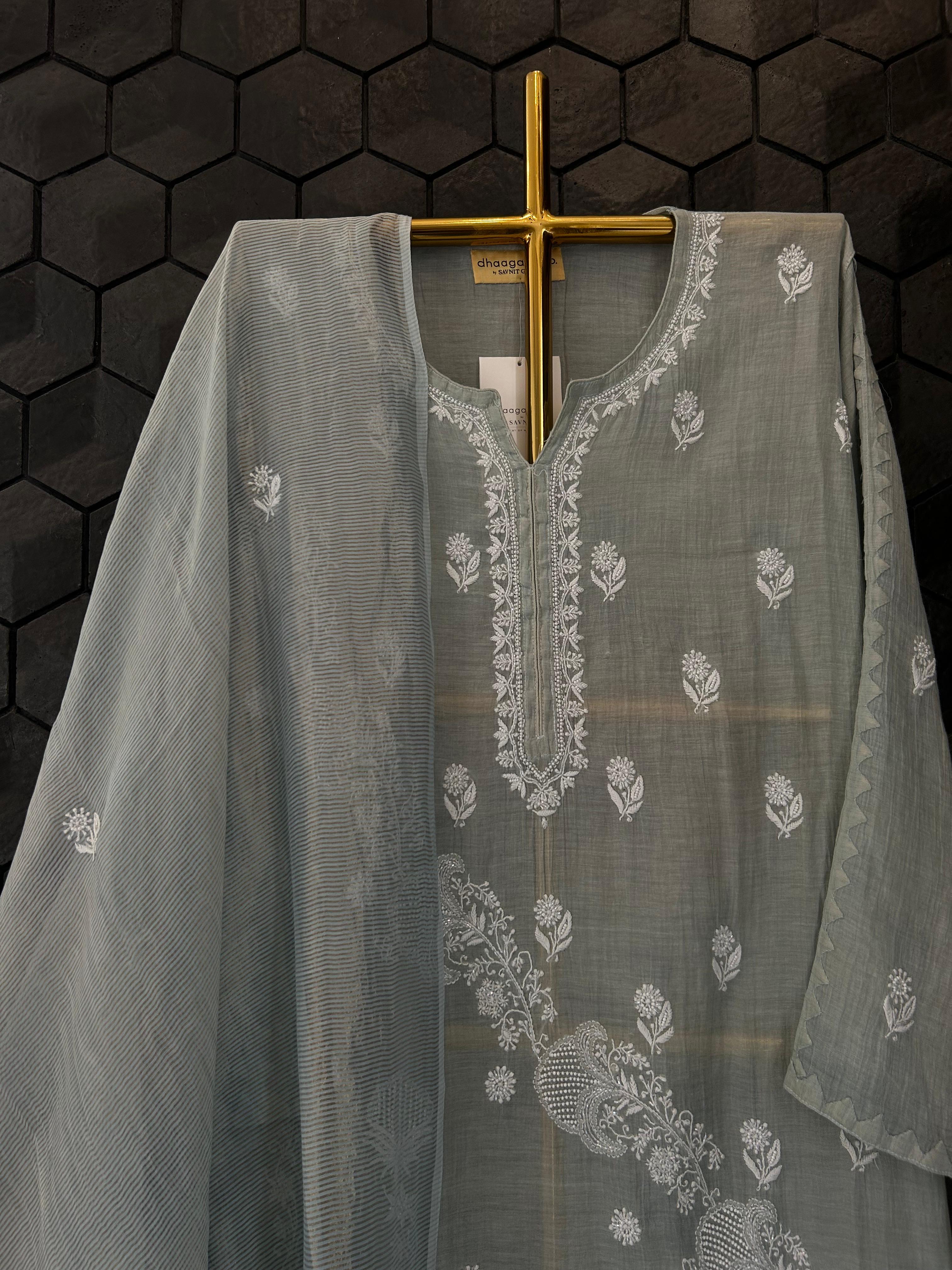 Blue tissue chikankari kurta set