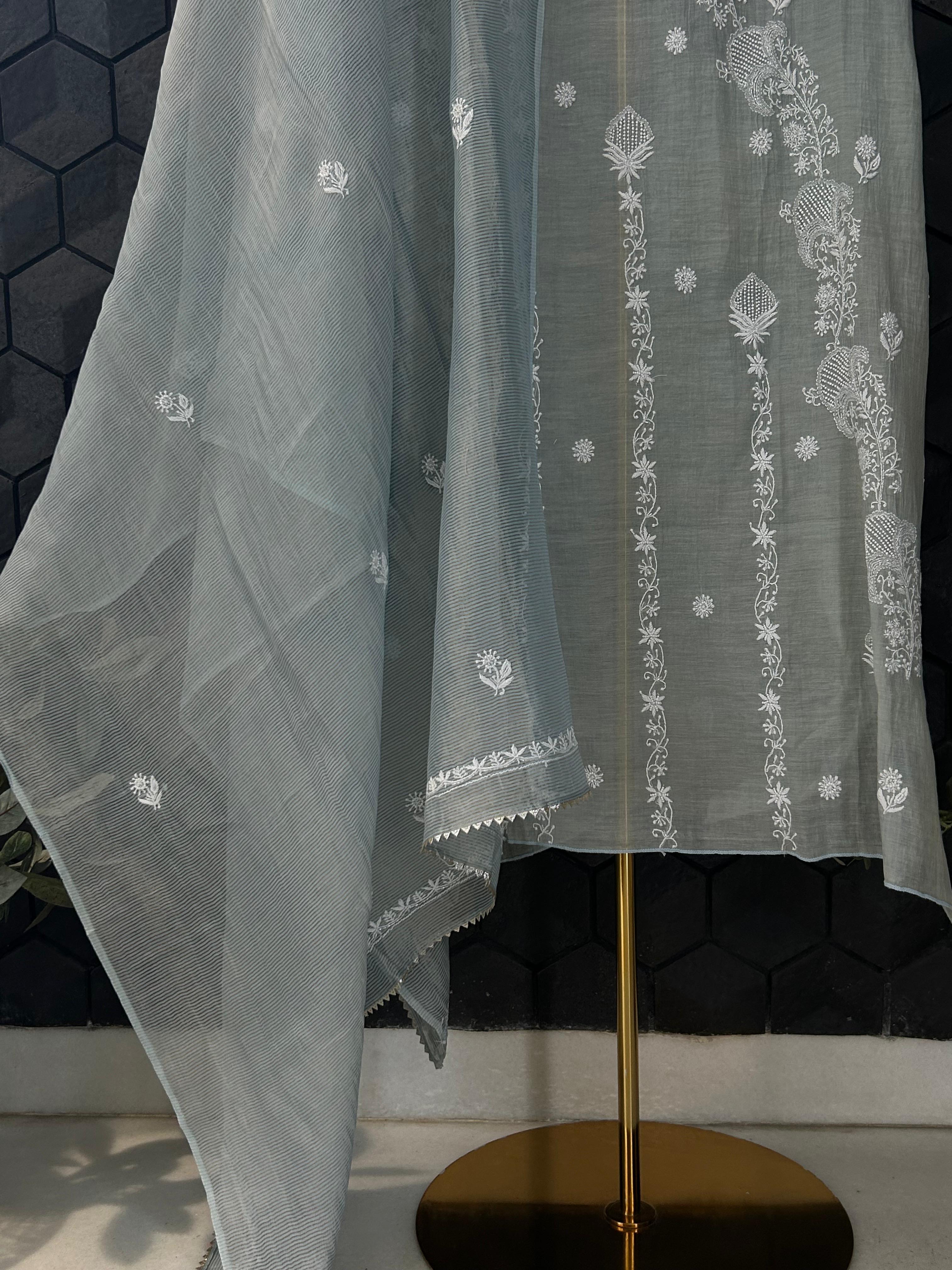 Blue tissue chikankari kurta set