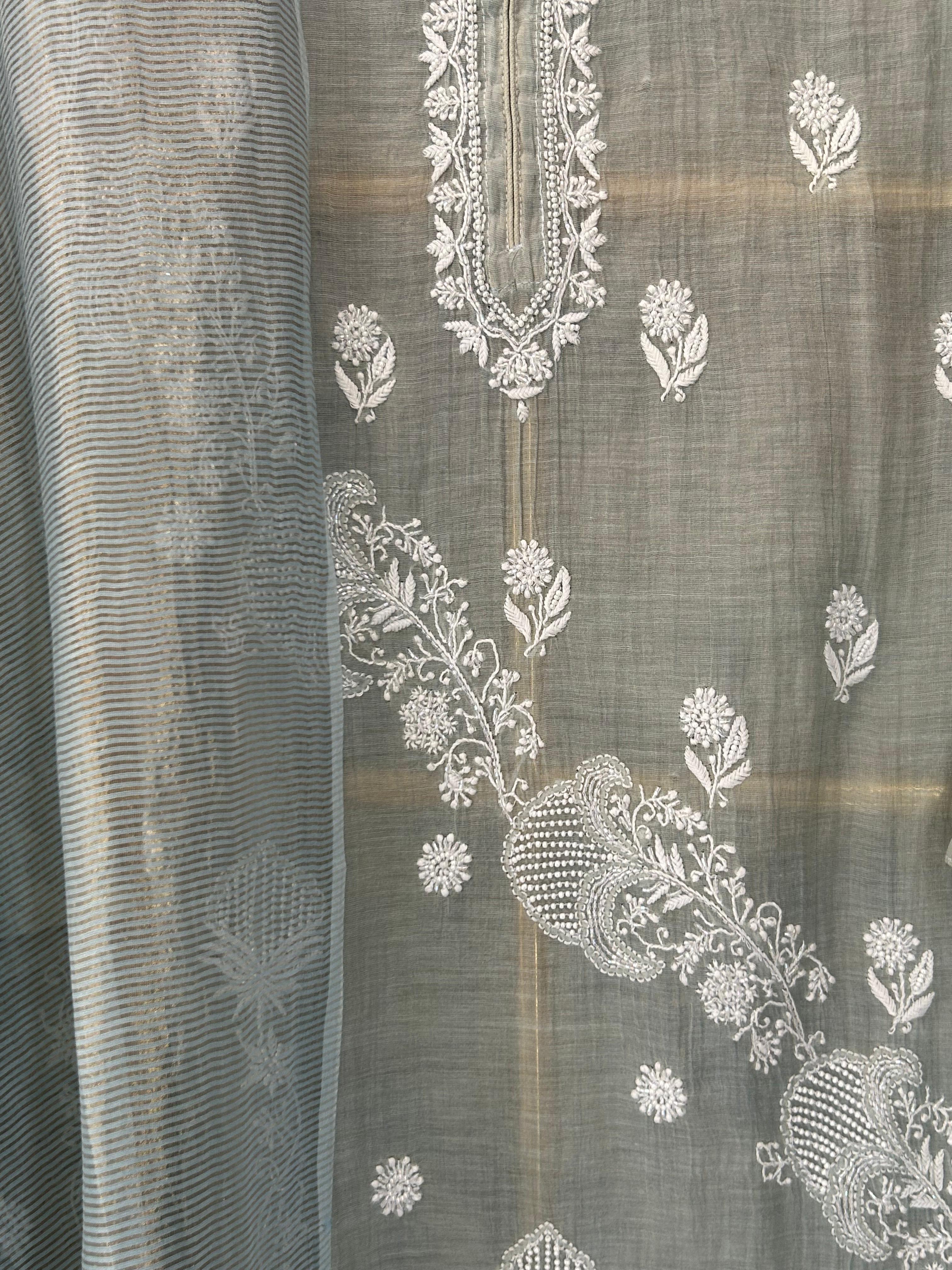 Blue tissue chikankari kurta set