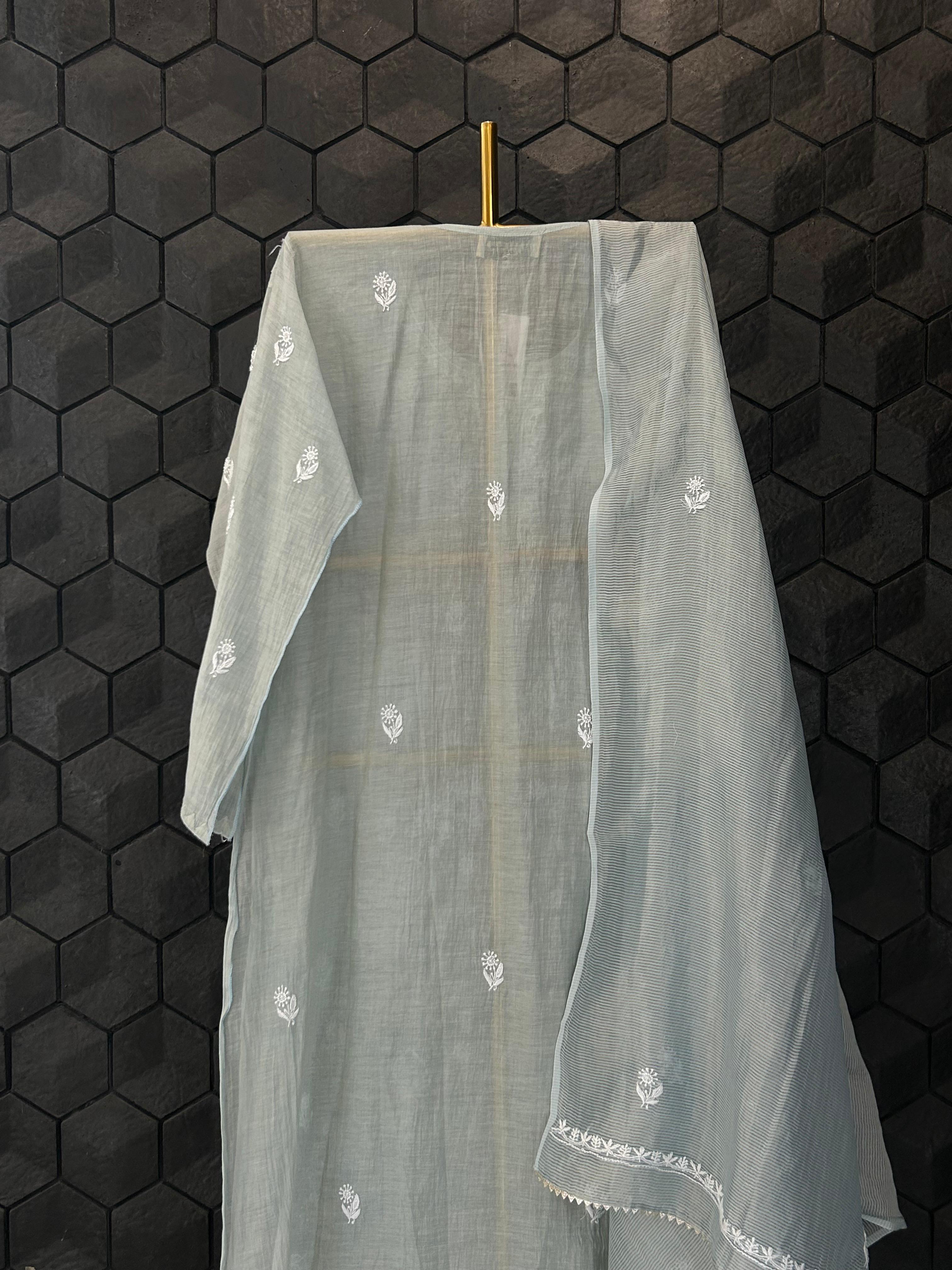 Blue tissue chikankari kurta set
